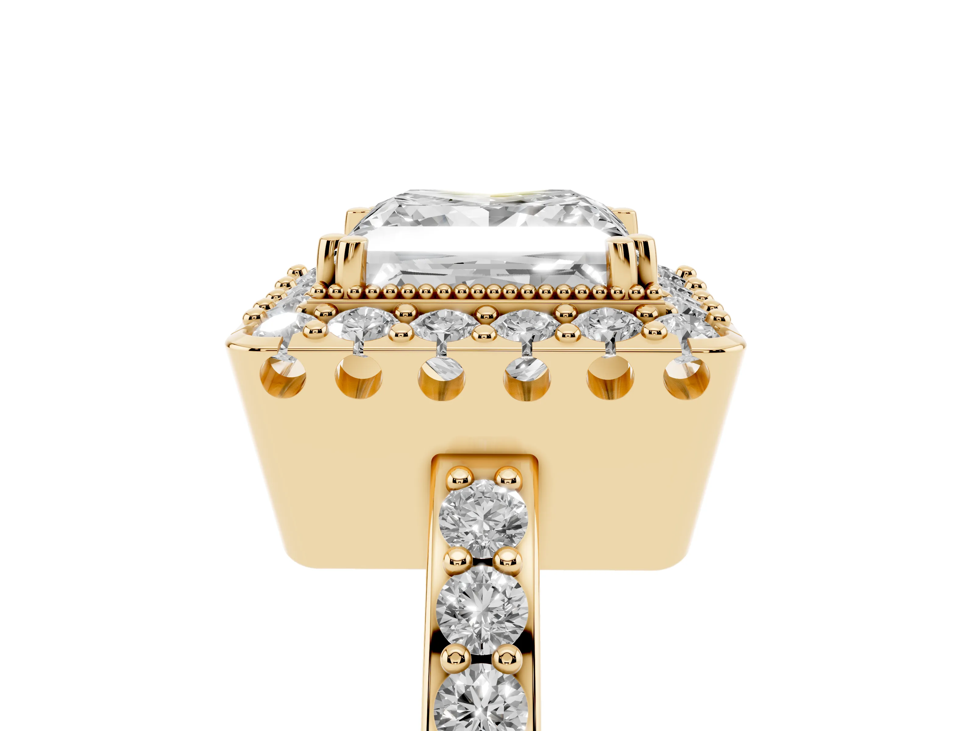 Princess Cut Diamond Halo Ring Set in Yellow gold with Pavé Shank and Prong Setting