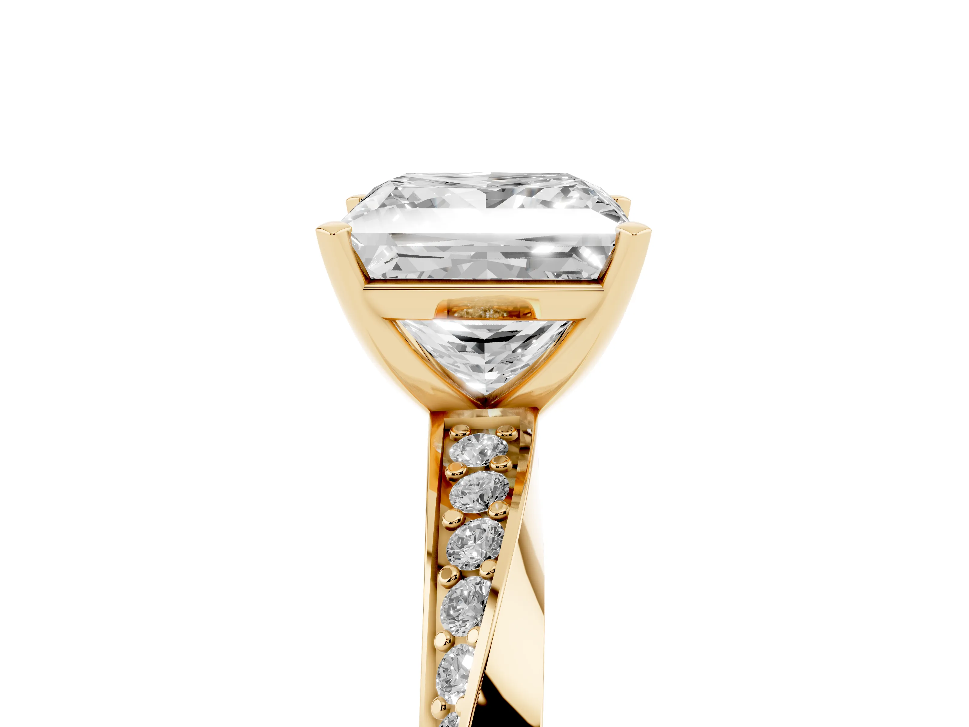 Princess Cut Diamond Engagement Ring Set in Yellow gold with Side Stone Accents and Prong Setting