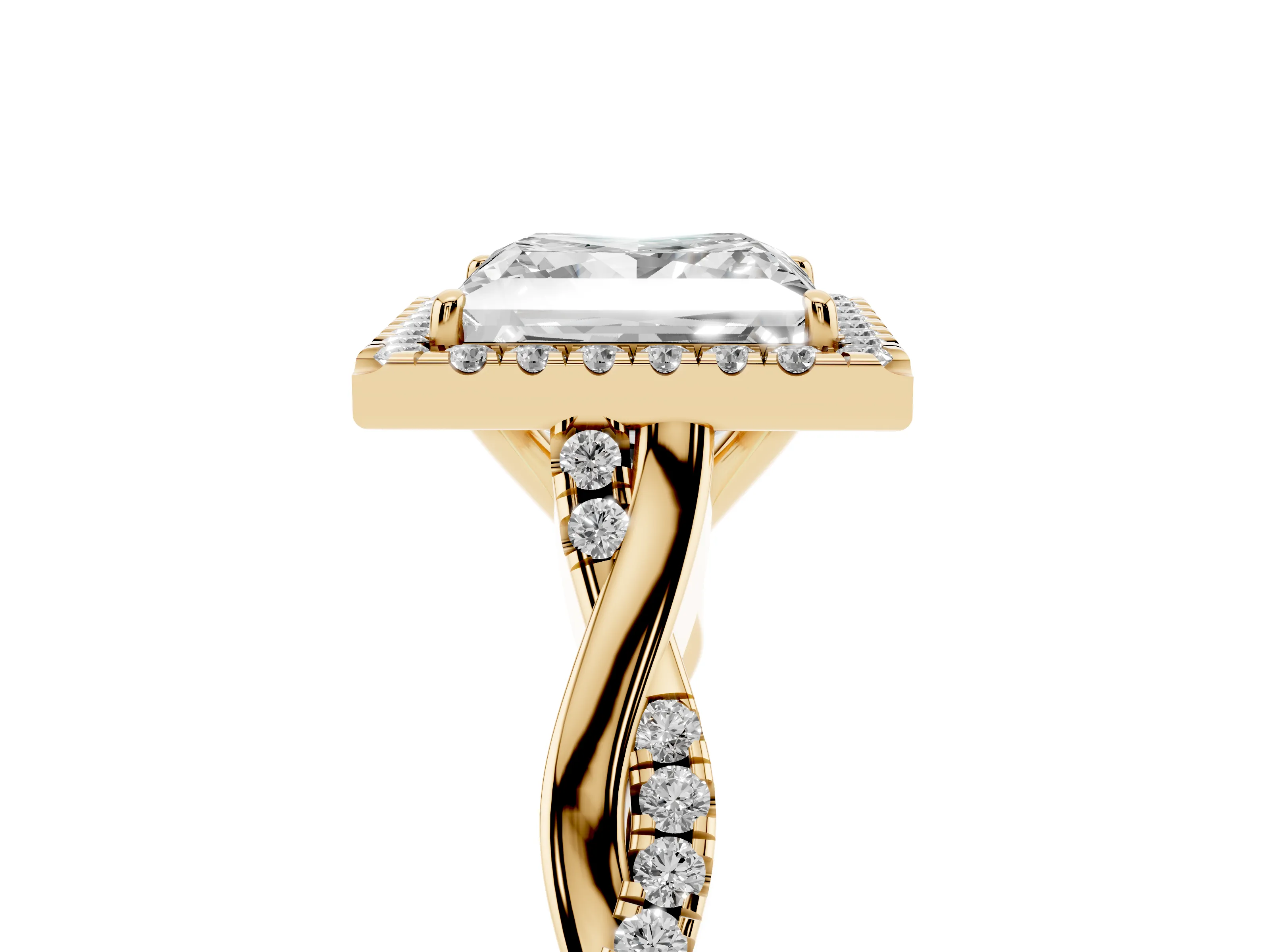 Princess Cut Diamond Halo Twist Band Solitaire Ring Set in Yellow gold with Prong Setting