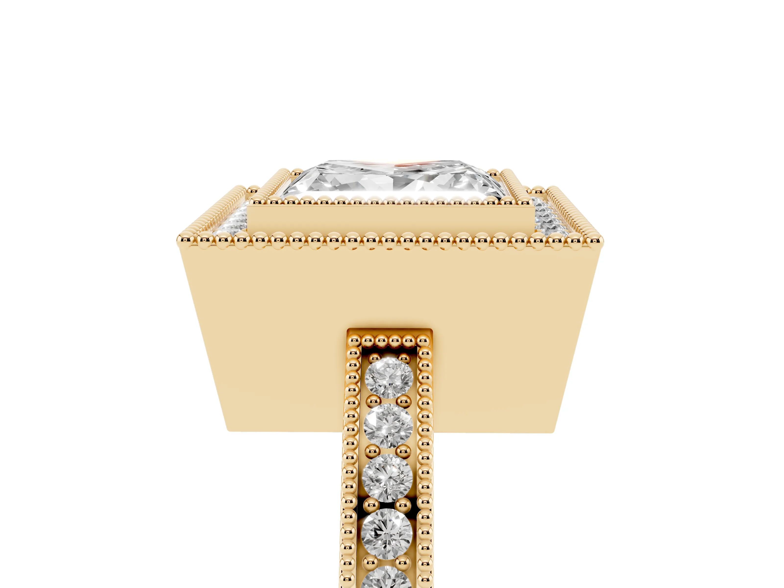 Princess Cut Diamond Halo Ring Set in Yellow gold with Pavé Band and Milgrain-Edged Prongs