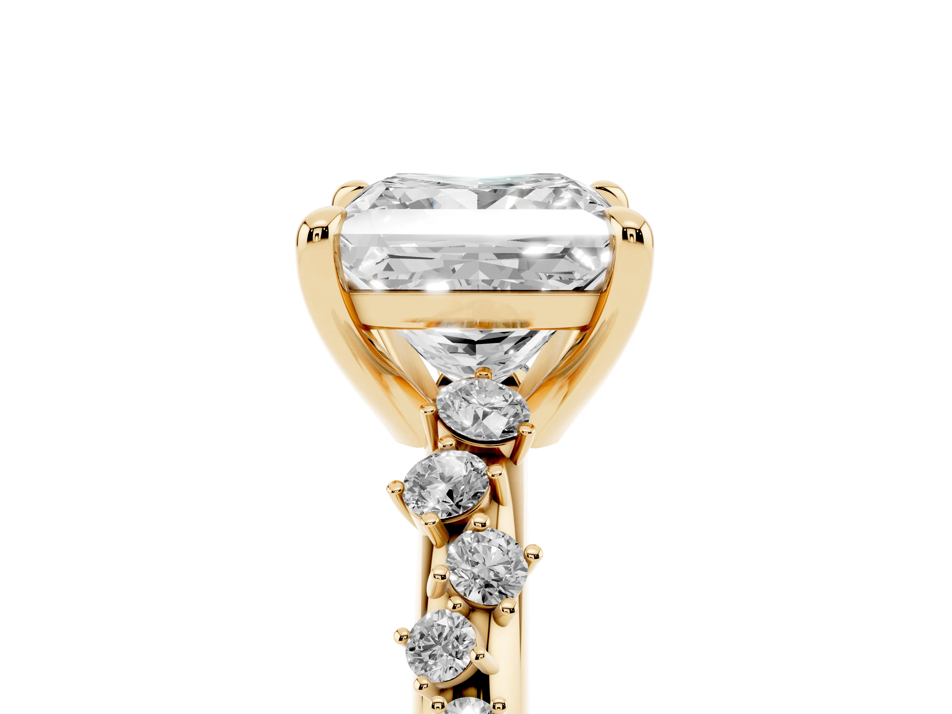 Princess Cut Diamond Solitaire Vine Band Ring Set in Yellow gold with Round Accents and Prong Setting