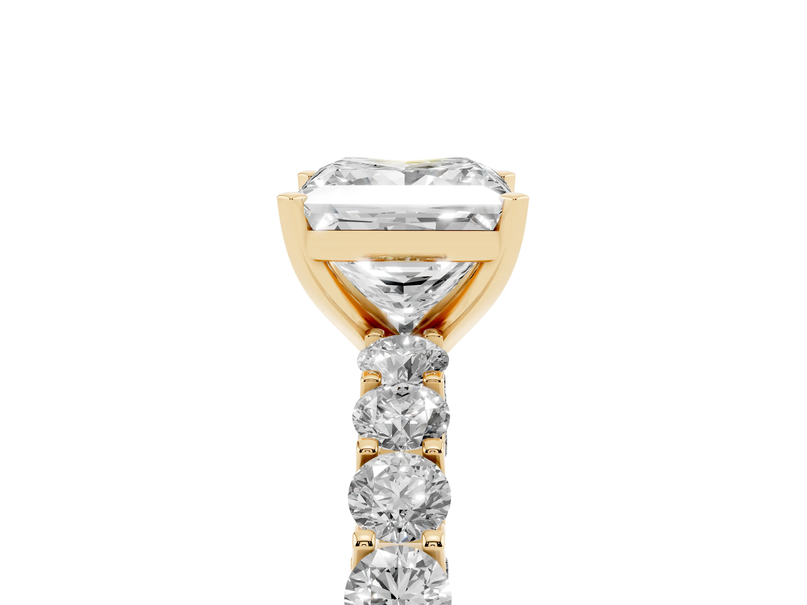 Princess Cut Diamond Solitaire Ring Set in Yellow gold with Shared Prong Pavé Band