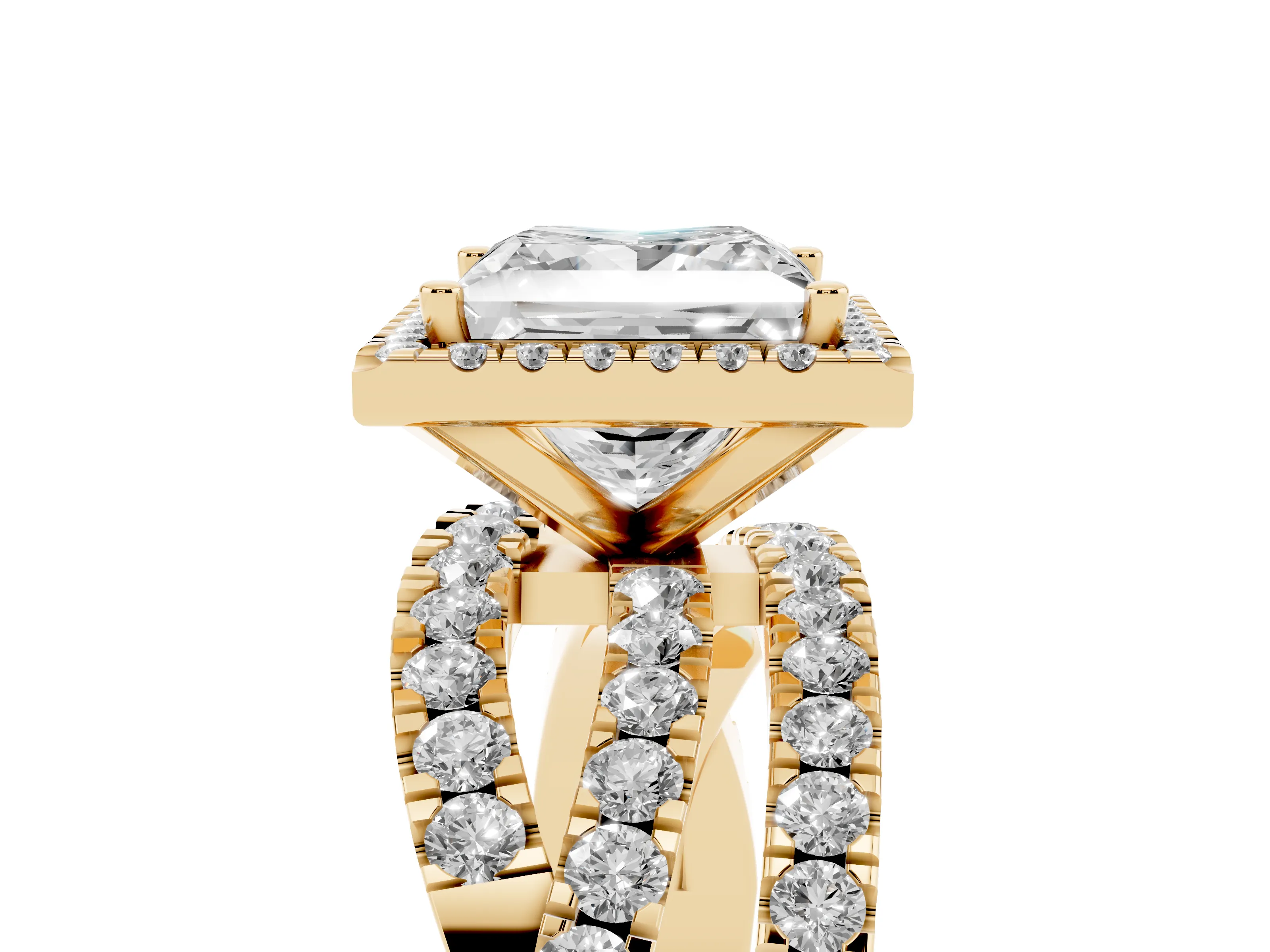 Princess Cut Diamond Halo Ring Set in Yellow gold with Round Crossover Split Shank and Prong Setting