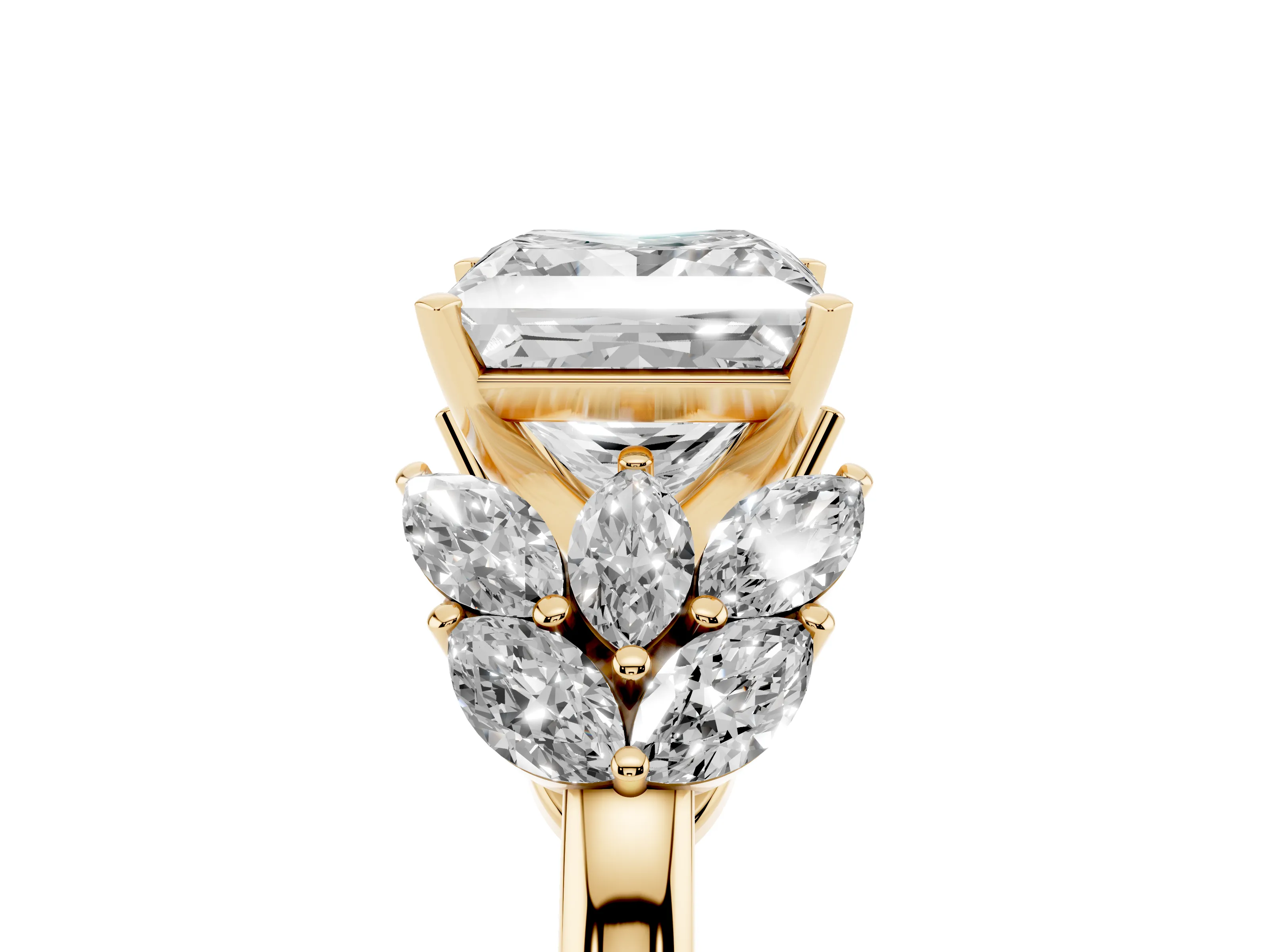 Princess Cut Diamond Cluster Leaf Design Ring Set in Yellow gold with Prong Setting