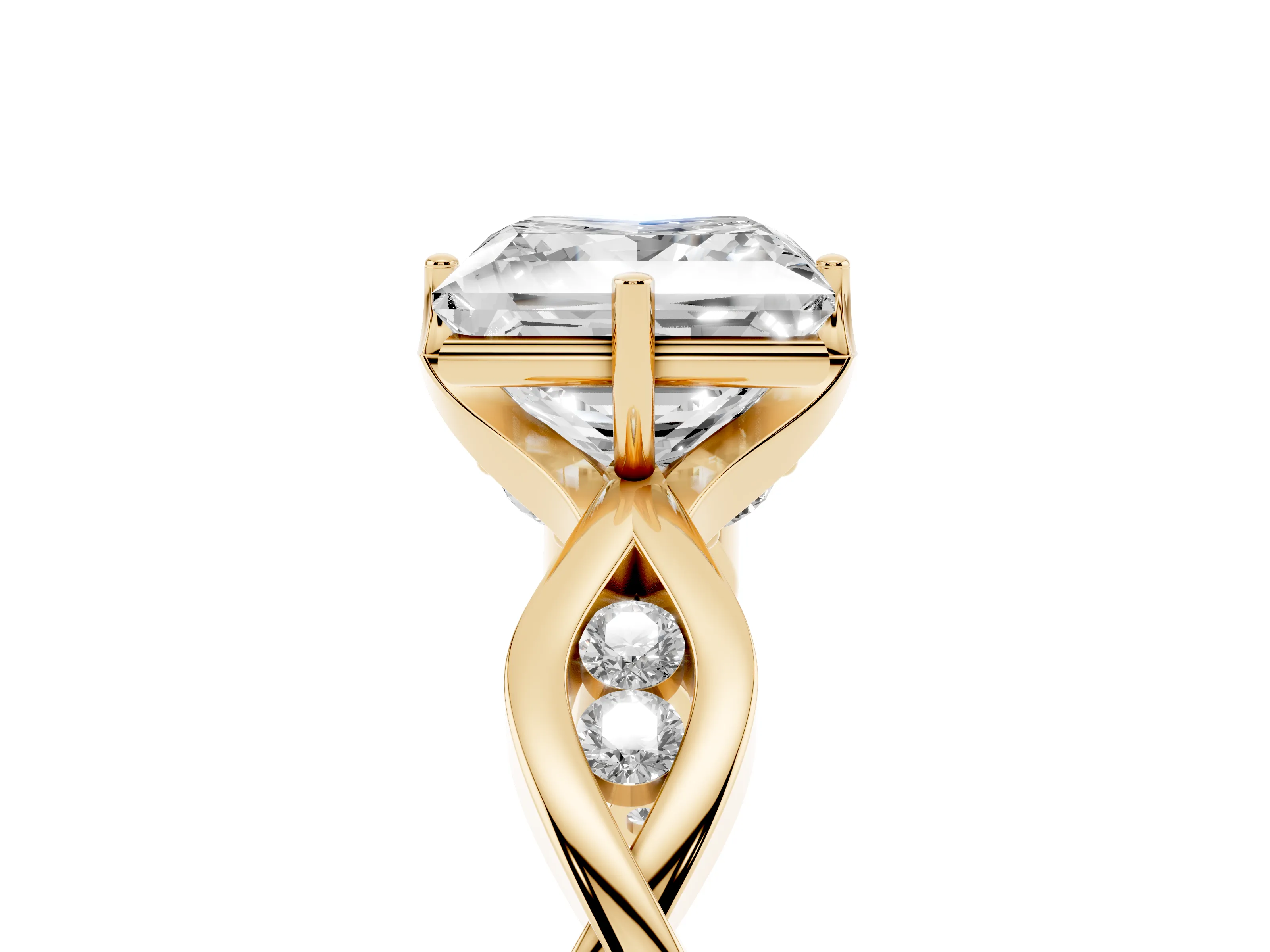 Princess Cut Diamond Twist Band Solitaire Ring Set in Yellow gold with Leaf Prong Setting and Accent Stones