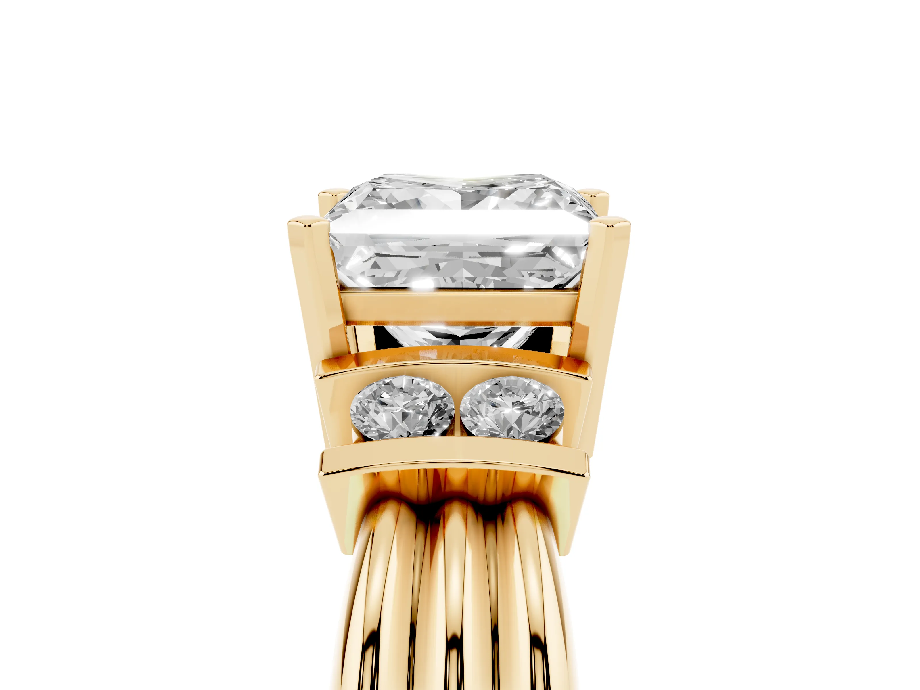 Three-Stone Princess Cut Diamond Channel Set Ring Set in Yellow gold with Bar Prongs