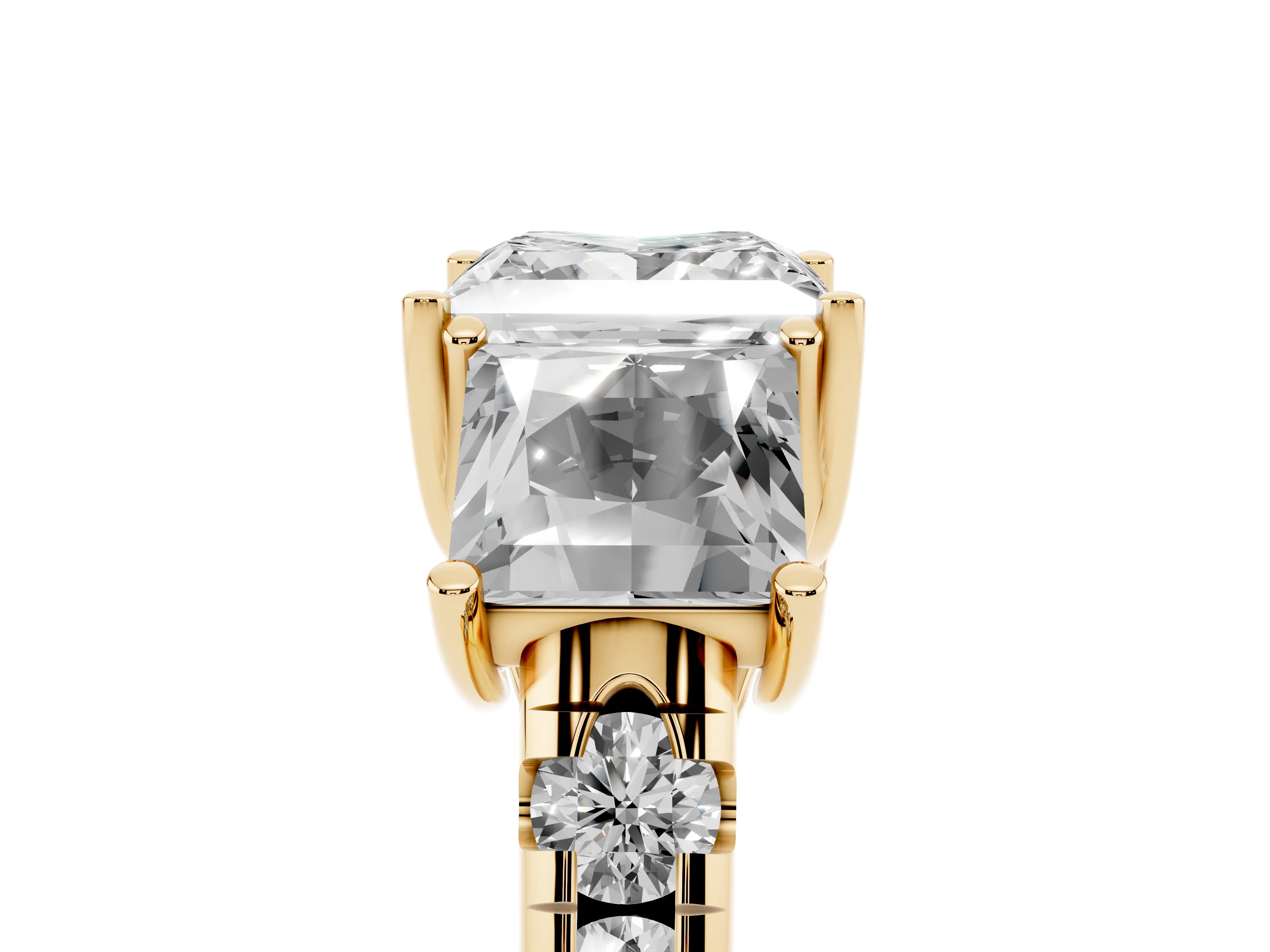 Princess Cut Diamond Three-Stone Ring Set in Yellow gold with Pavé Band