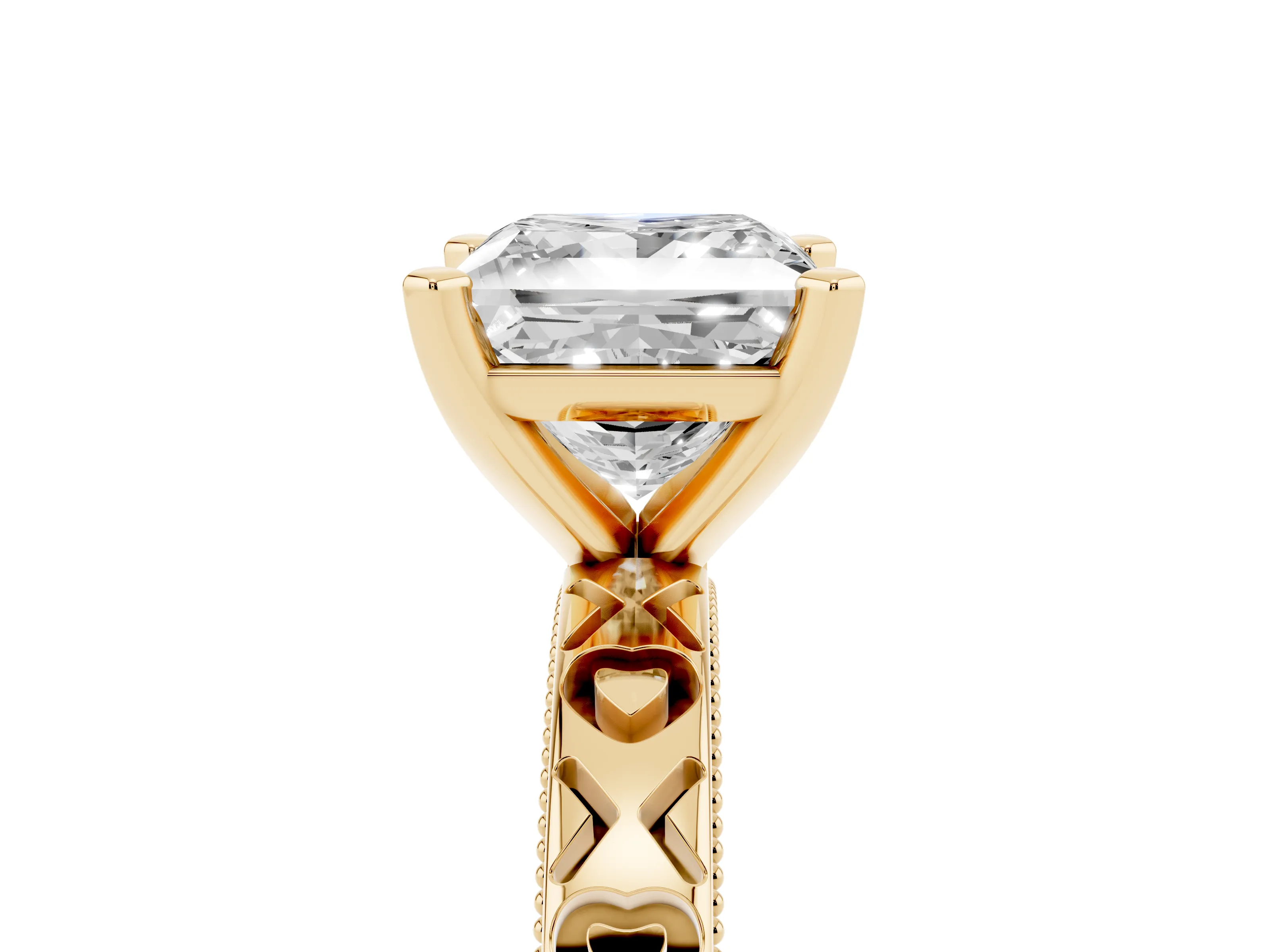 Princess Cut Diamond Solitaire Engagement Ring Set in Yellow gold with XO Engraved Band and Prong Setting