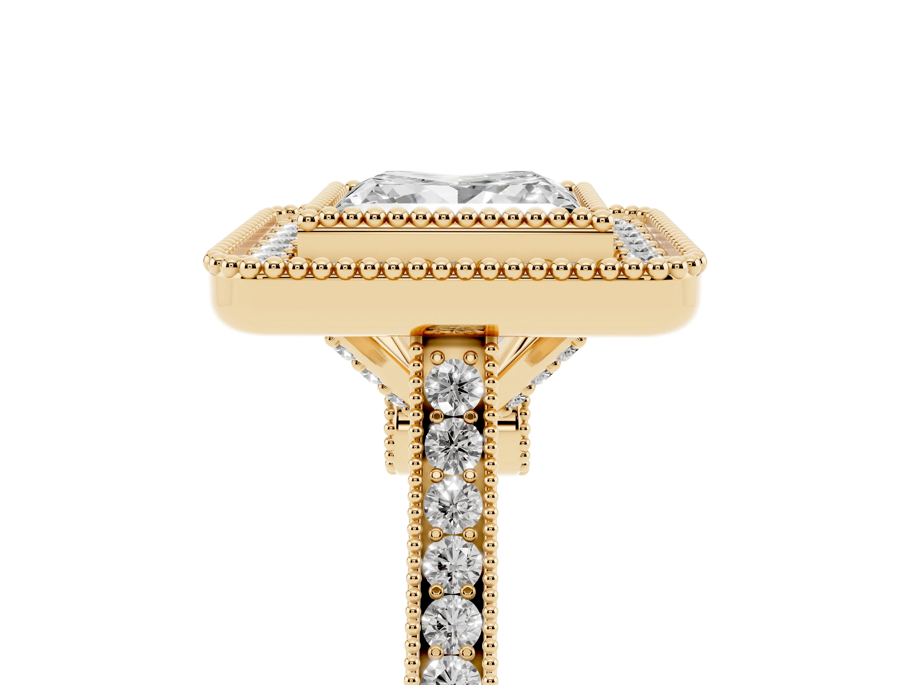 Princess Cut Diamond Halo Ring Set in Yellow gold with Milgrain Frame and Pavé Band