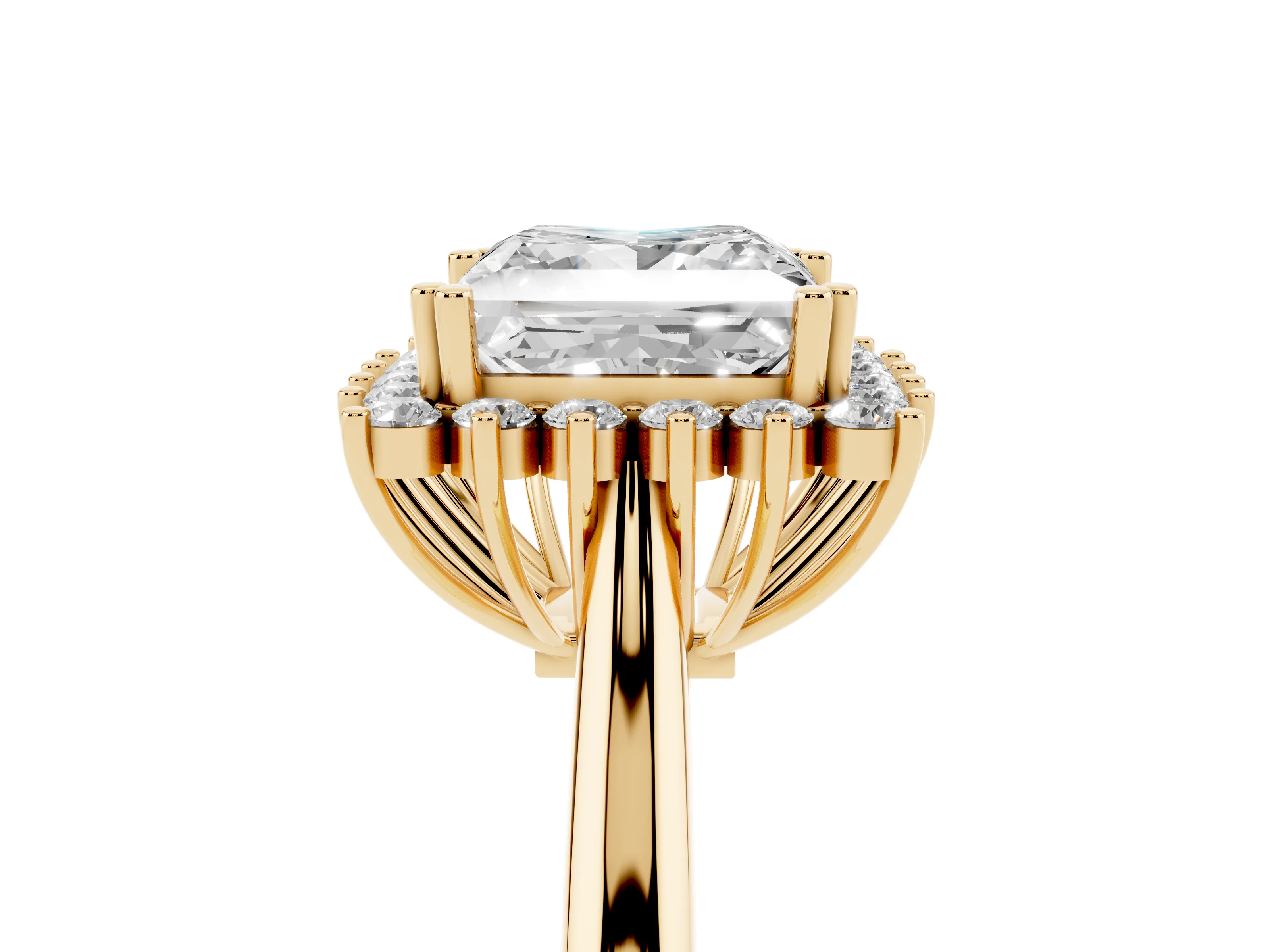 Princess Cut Diamond Halo Ring Set in Yellow gold with Plain Solitaire Band and Prong Setting