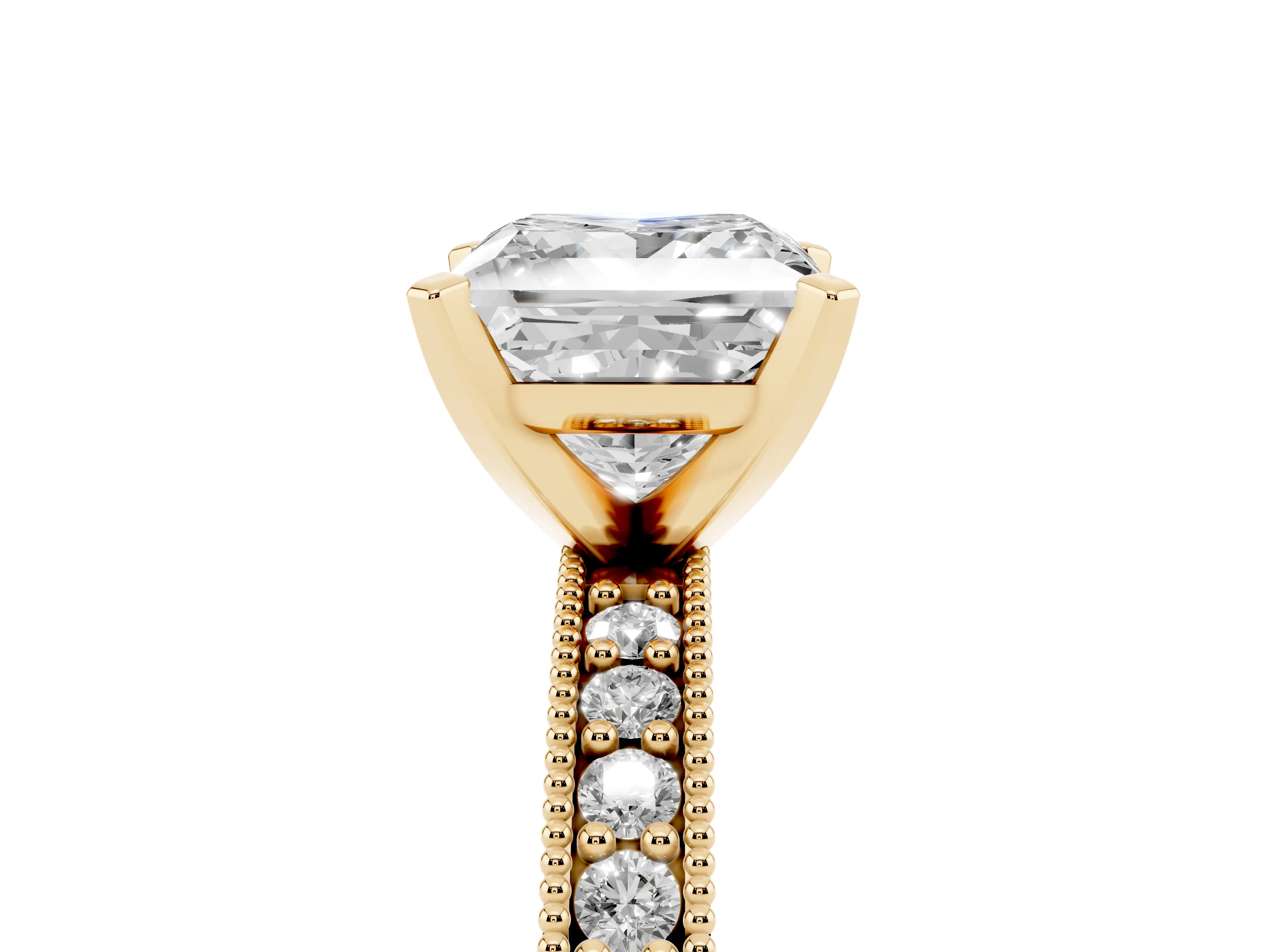 Princess Cut Diamond Milgrain Pavé Engagement Ring Set in Yellow gold with Prong Setting