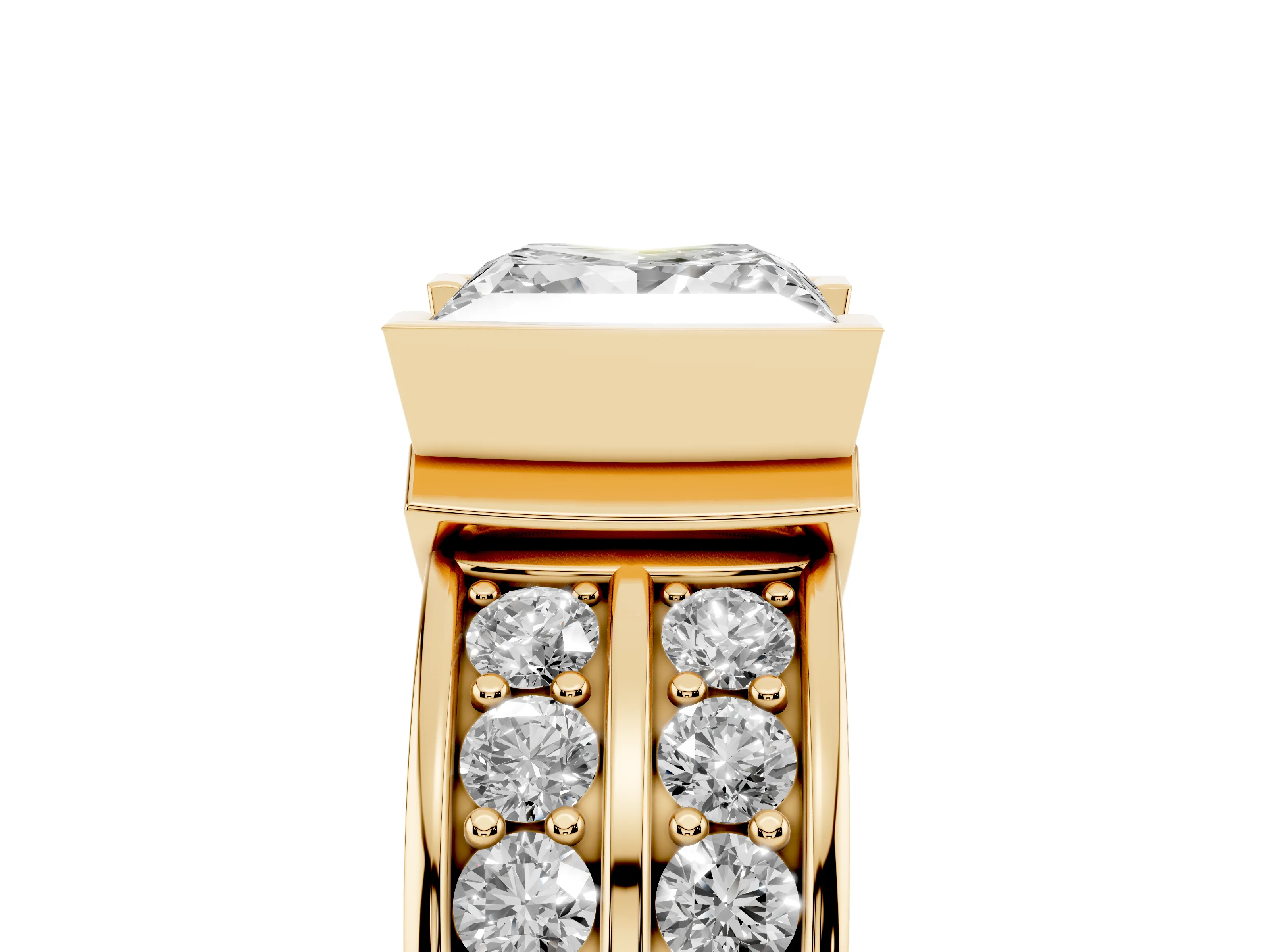 Princess Cut Diamond Wide Channel Set Band Ring Set in Yellow gold with Bezel Setting