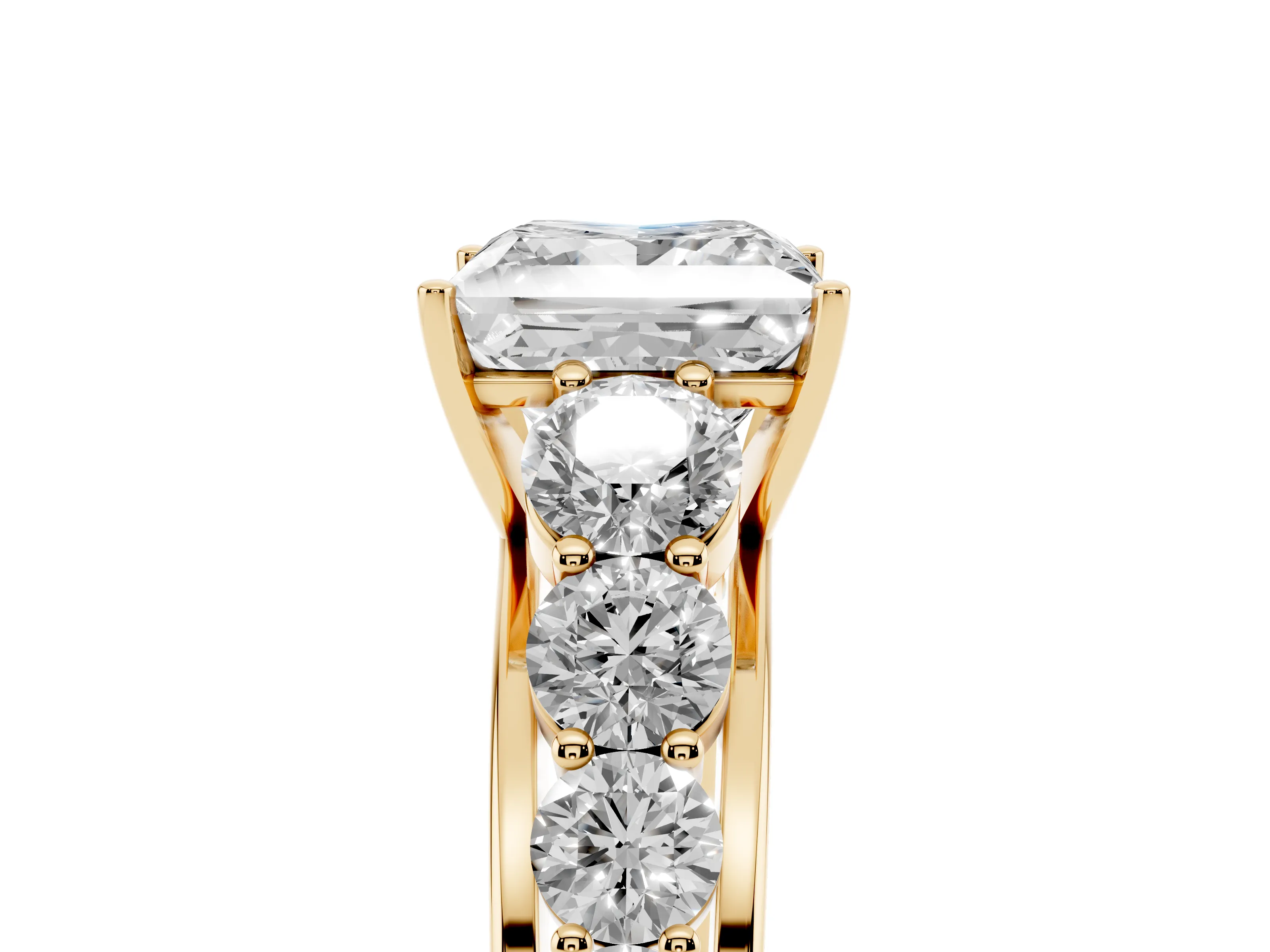 Princess Cut Diamond Solitaire Ring Set in Yellow gold with Pavé-Set Band and Prong Setting