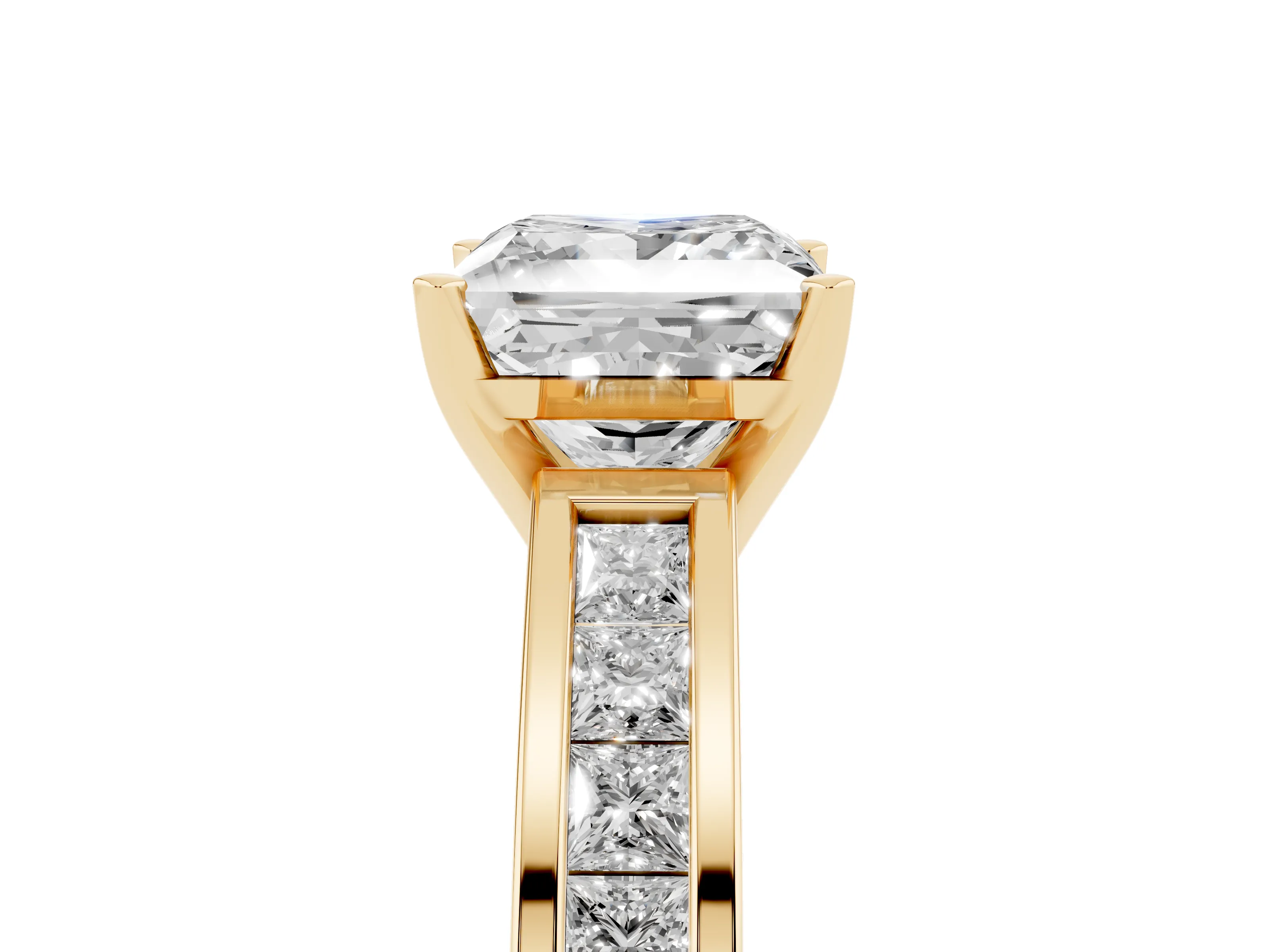 Princess Cut Diamond Solitaire Ring Set in Yellow gold with Channel-Set Band and Prong Setting