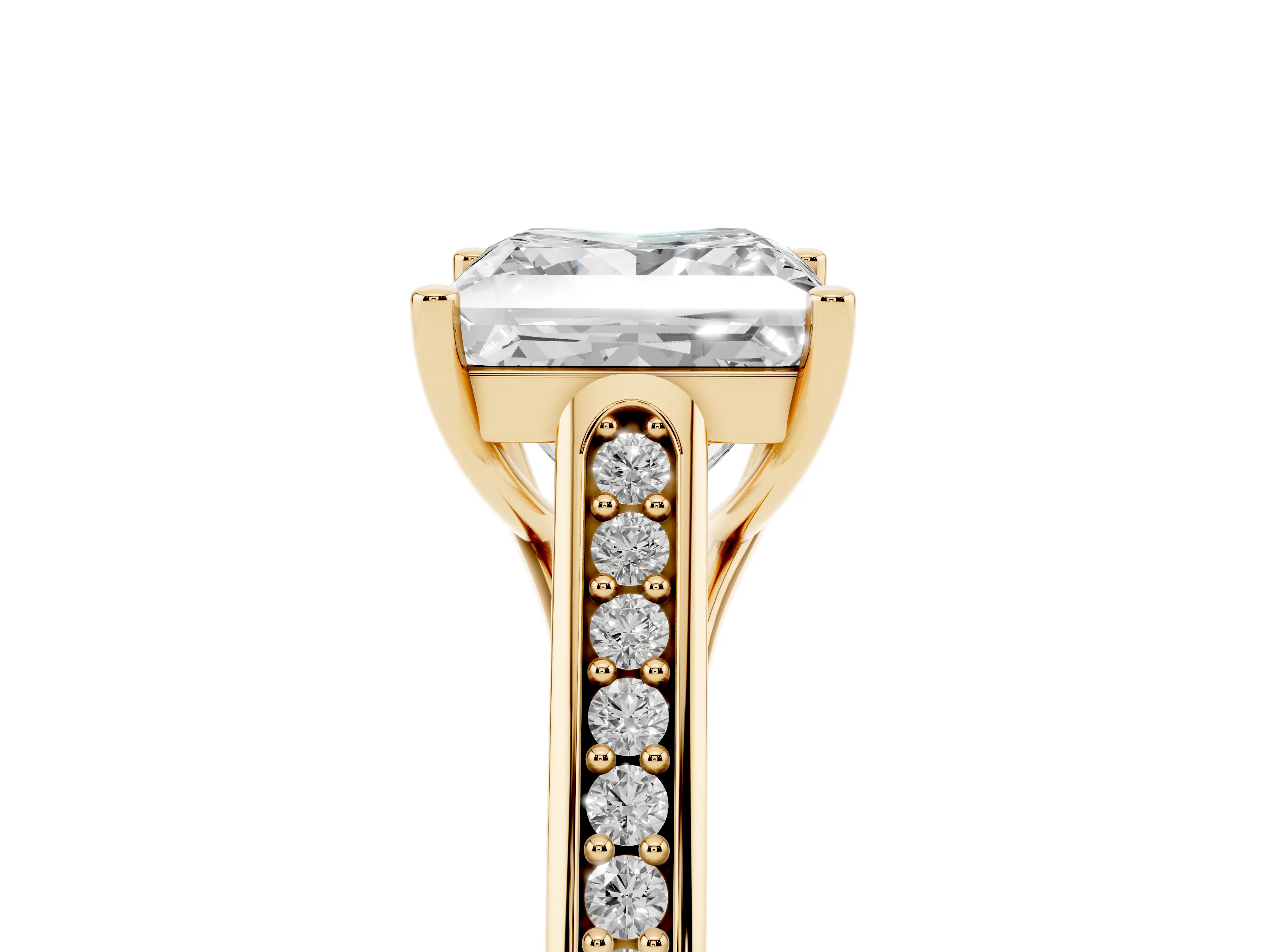 Princess Cut Diamond Solitaire Cathedral Engagement Ring Set in Yellow gold with Channel-Set Band and Prong Setting