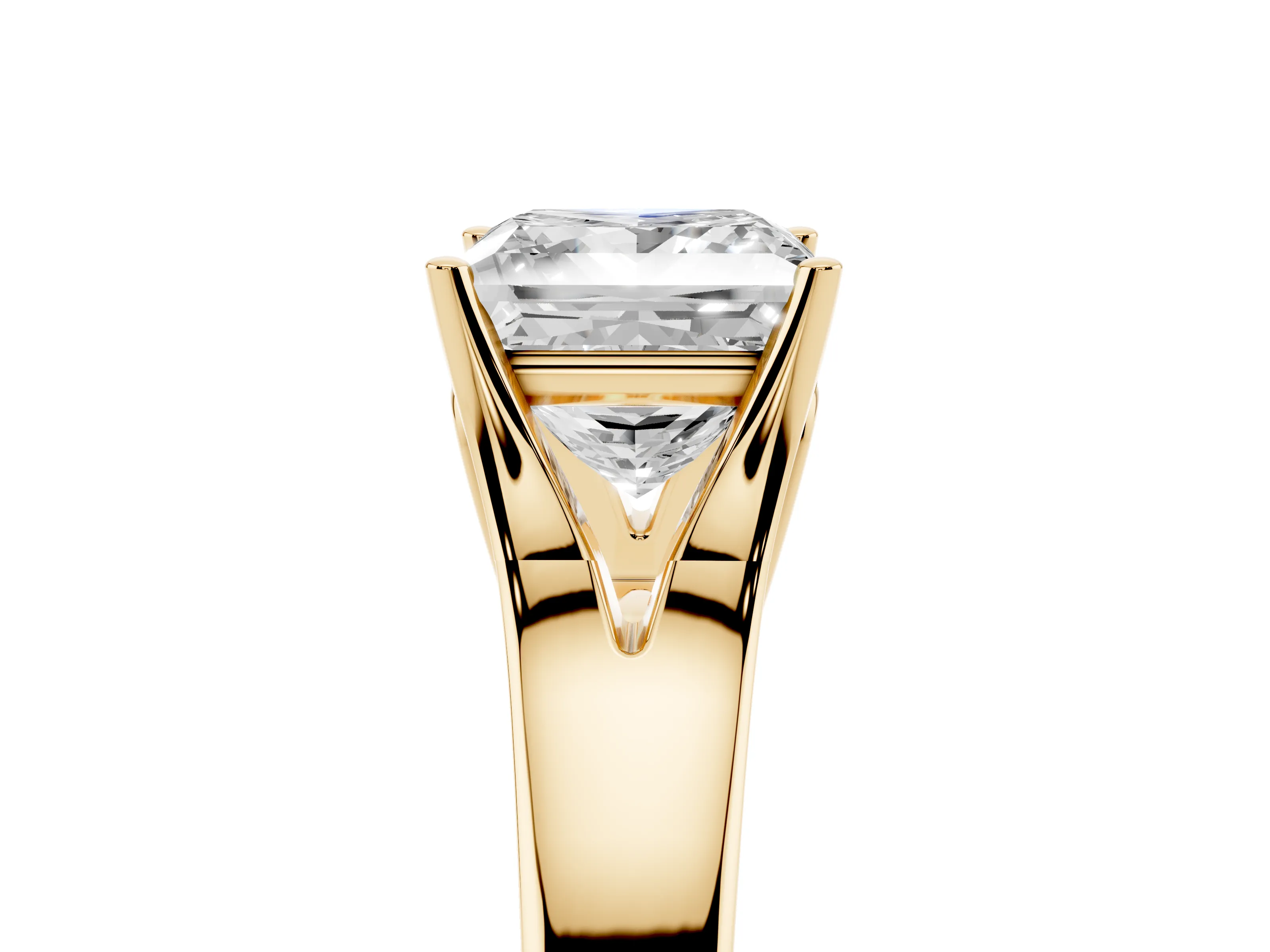 Princess Cut Diamond Solitaire Ring Set in Yellow gold with Arched Cathedral Band and Prong Setting