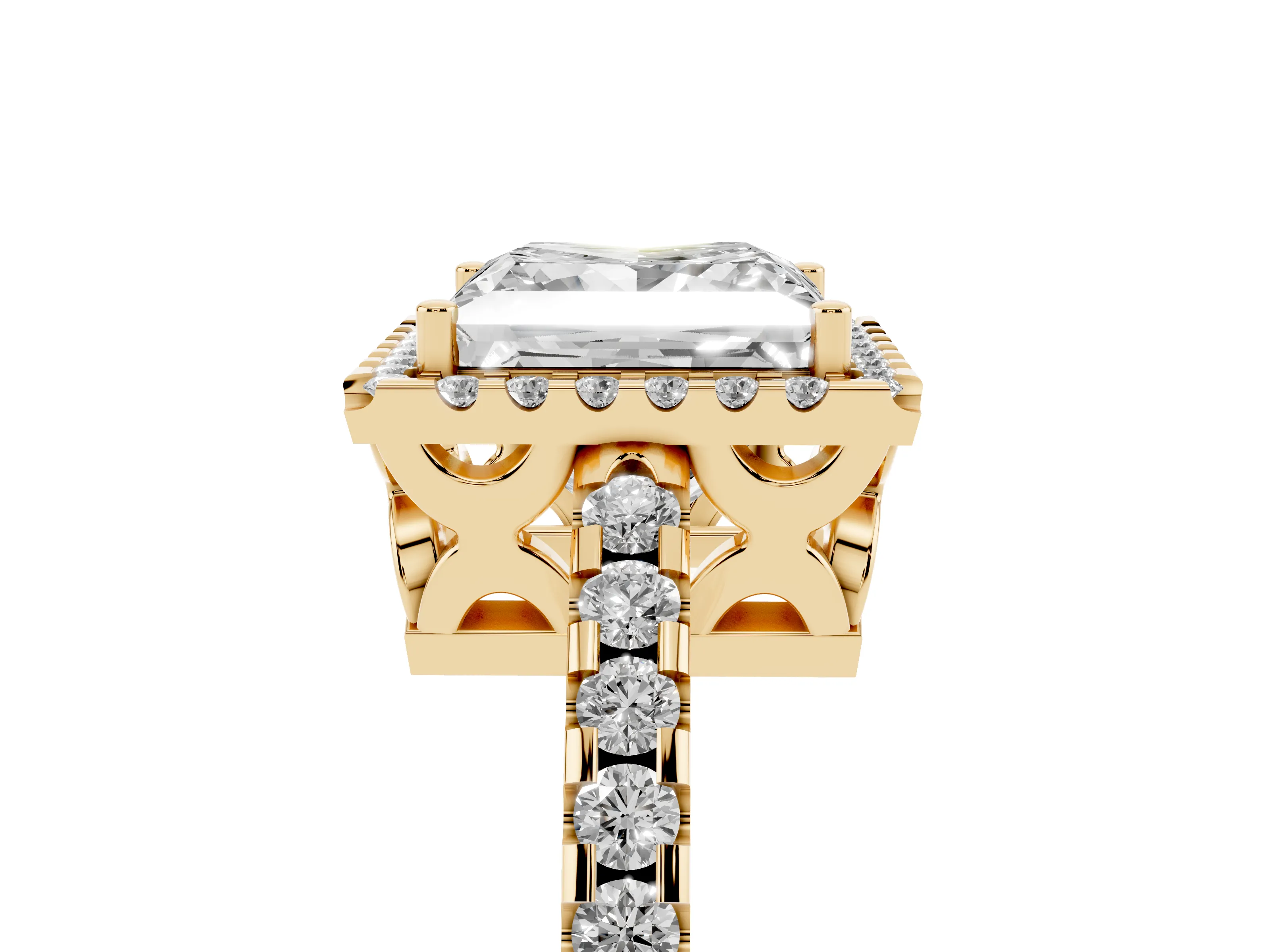 Princess Cut Diamond Halo Ring Set in Yellow gold with Pavé Shoulders and Halo-Framed Center