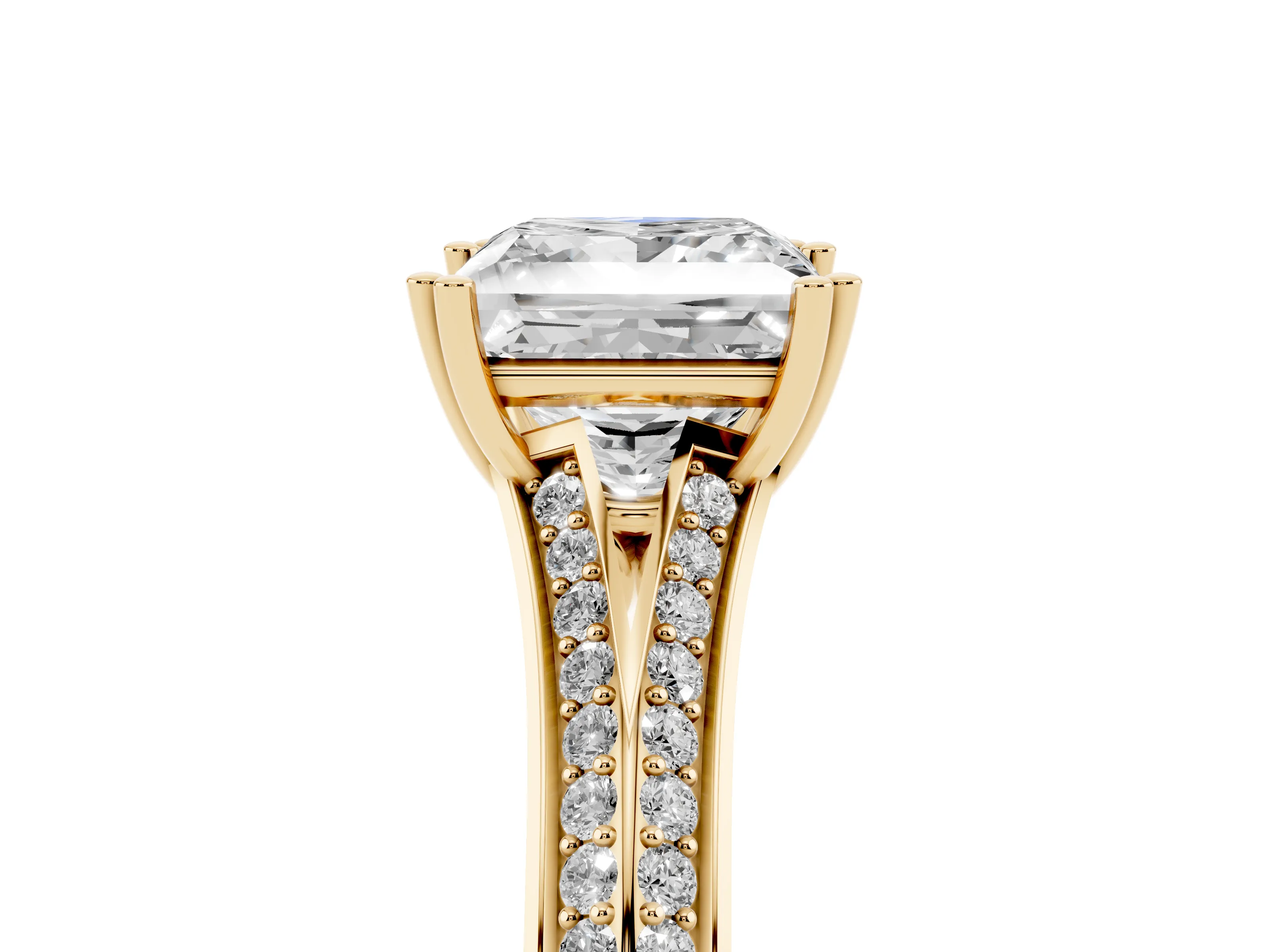 Princess Cut Diamond Split Shank Pavé Engagement Ring Set in Yellow gold with Prong-Set Center Stone