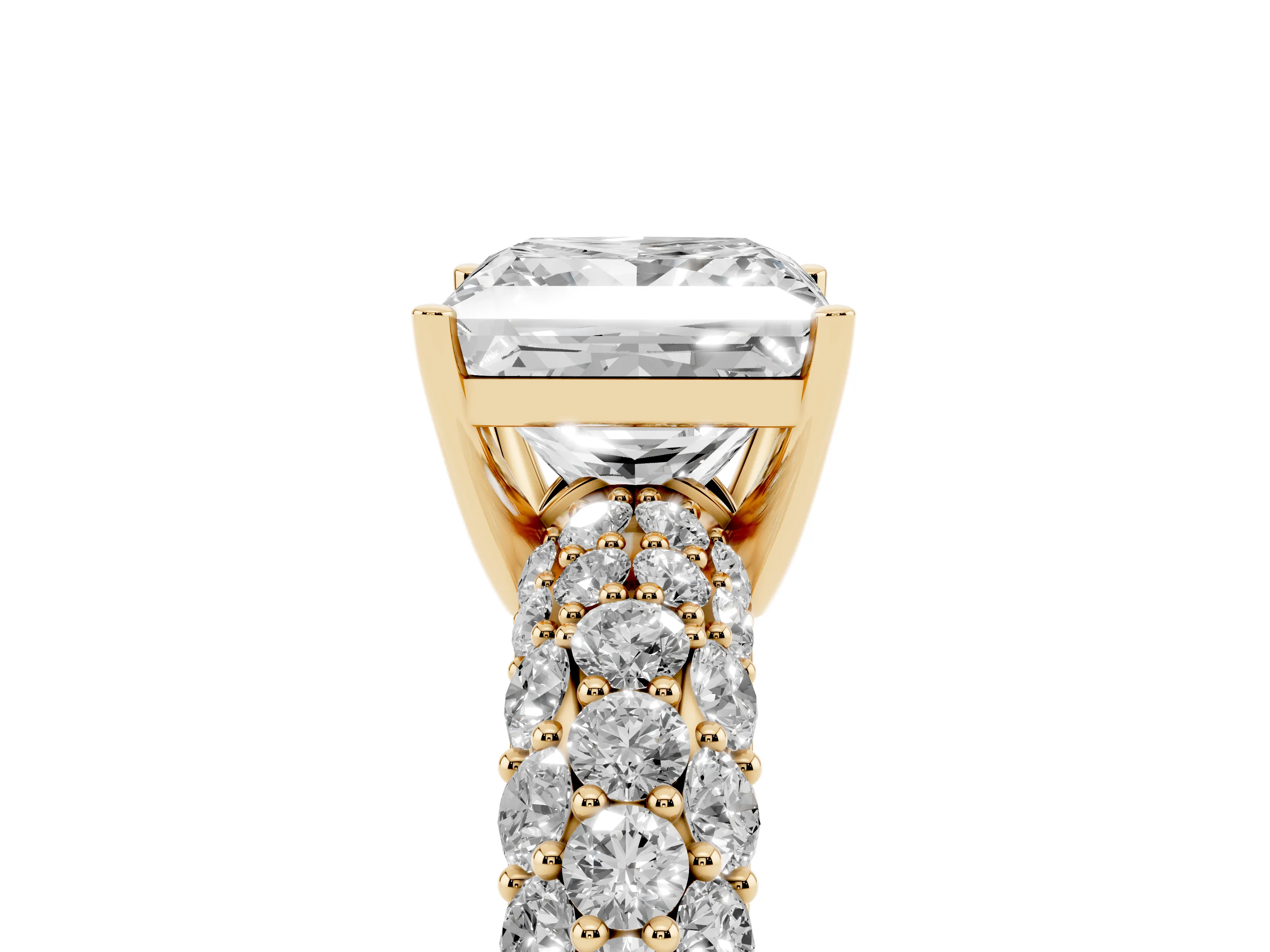 Princess Cut Diamond Pavé Band Solitaire Ring Set in Yellow gold with Close-Set Accent Stones and Prong Setting
