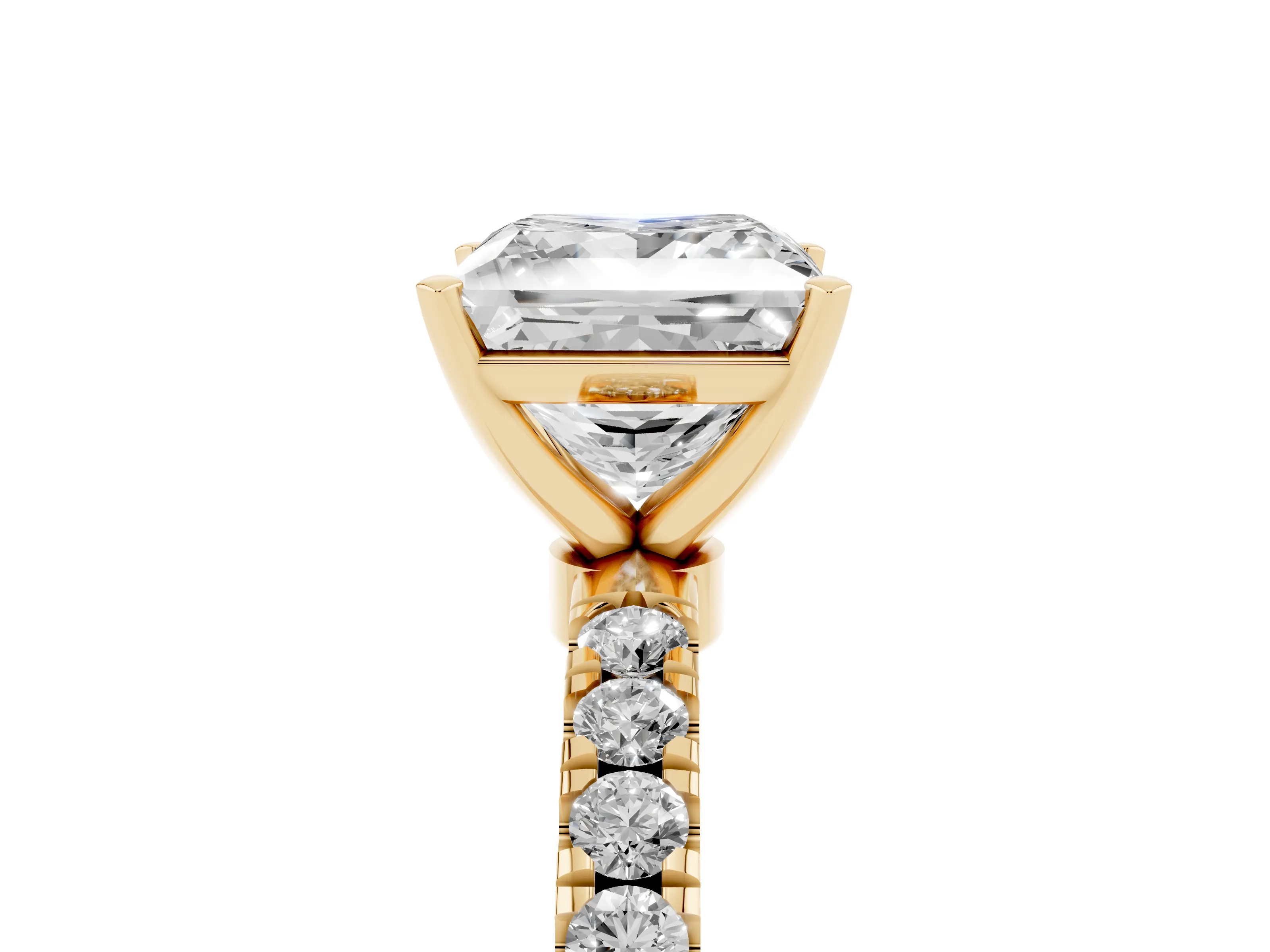 Princess Cut Diamond Solitaire Ring Set in Yellow gold with Pavé Accents and Prong Setting