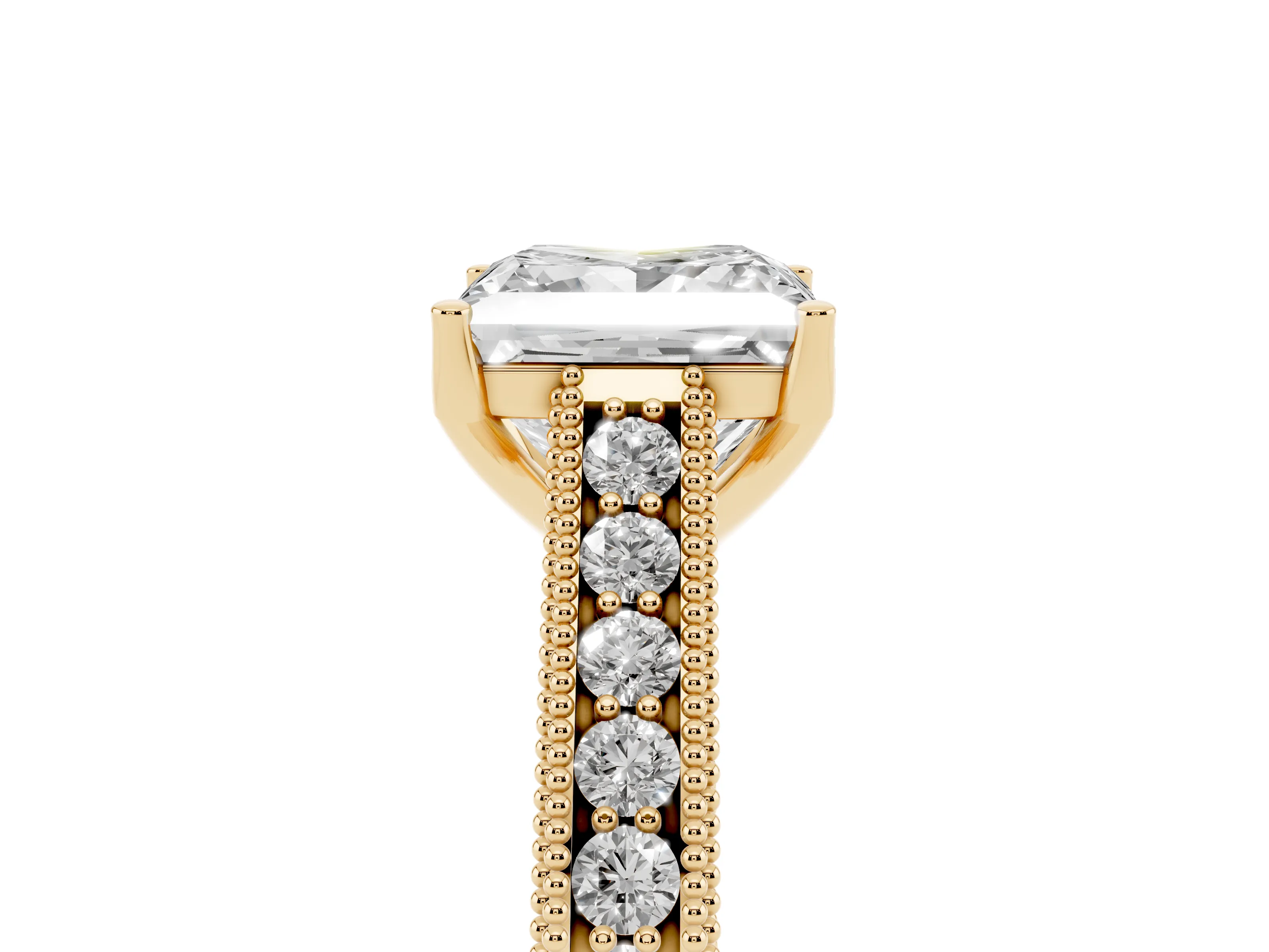 Princess Cut Diamond Milgrain Pavé Band Solitaire Ring Set in Yellow gold with Prong Setting