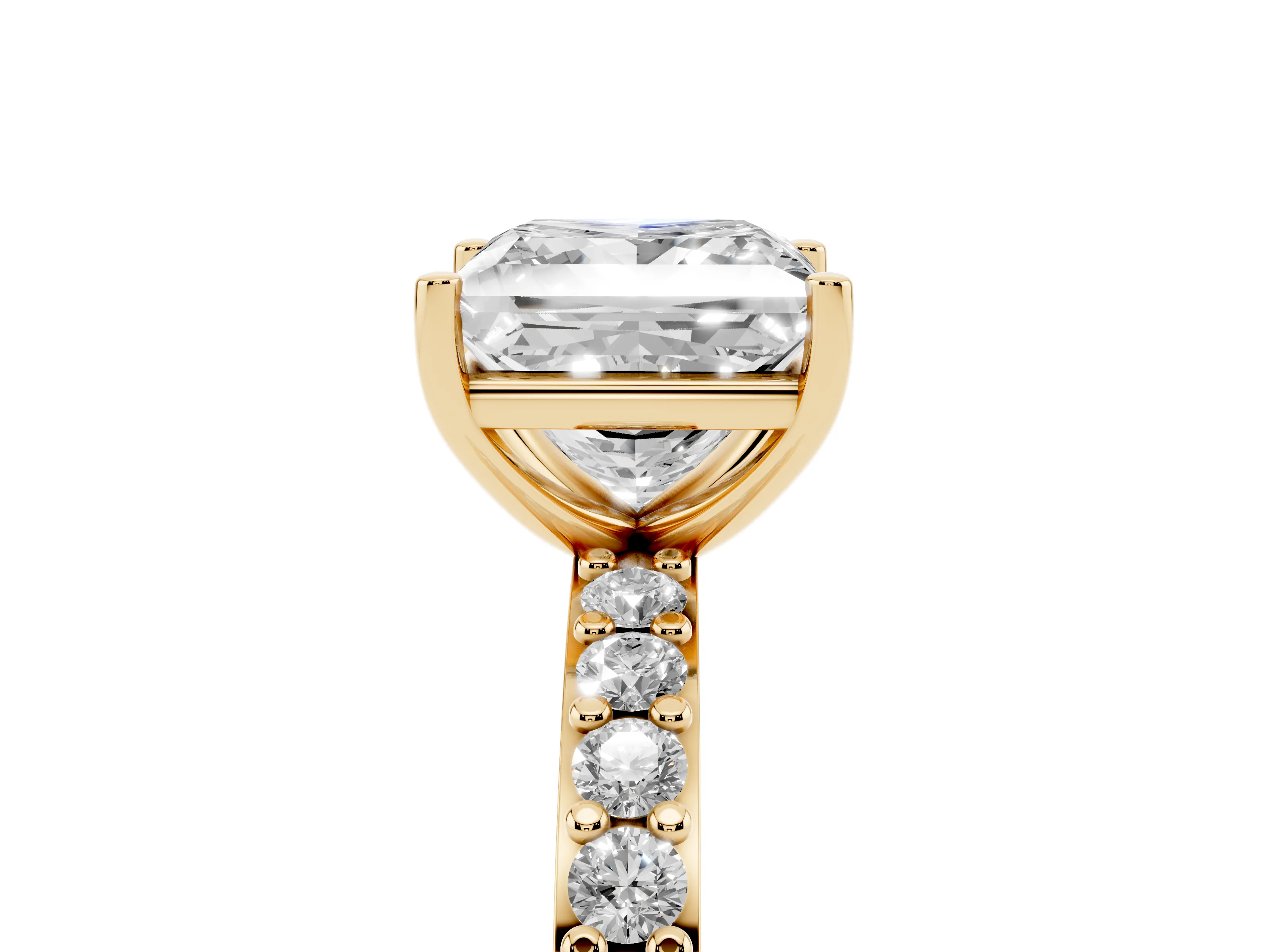 Princess Cut Diamond Solitaire Set in Yellow gold with Round Pavé Band and Prong Setting