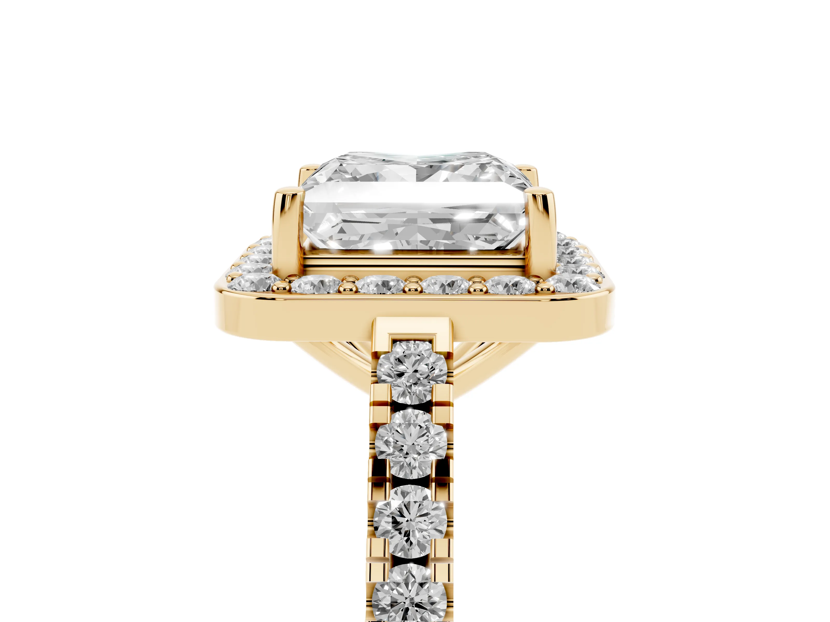 Princess Cut Diamond Halo Ring Set in Yellow gold with Round Pavé Split Shank and Prong Setting