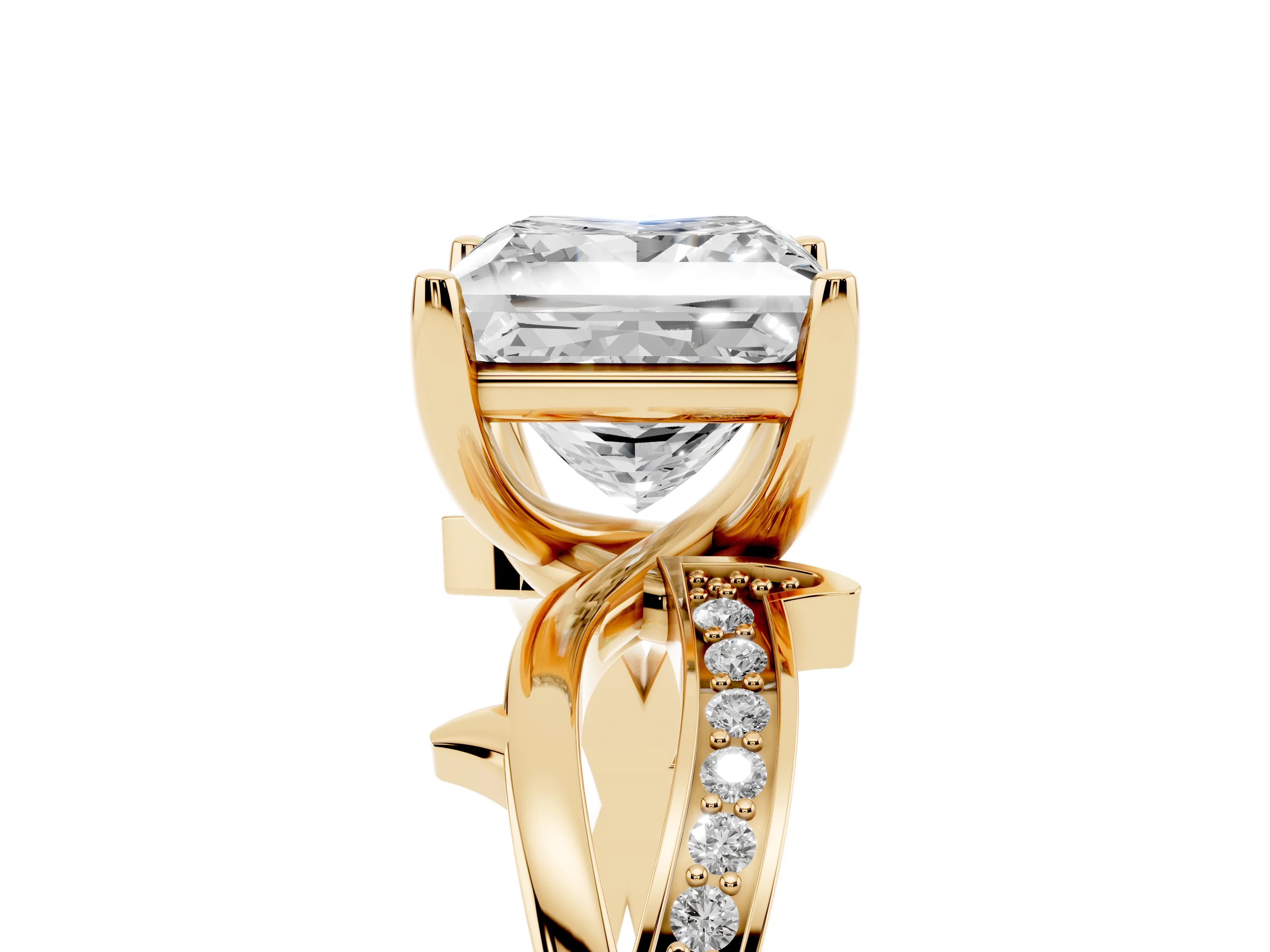Princess Cut Diamond Pavé Twist Band Solitaire Ring Set in Yellow gold with Prong Setting