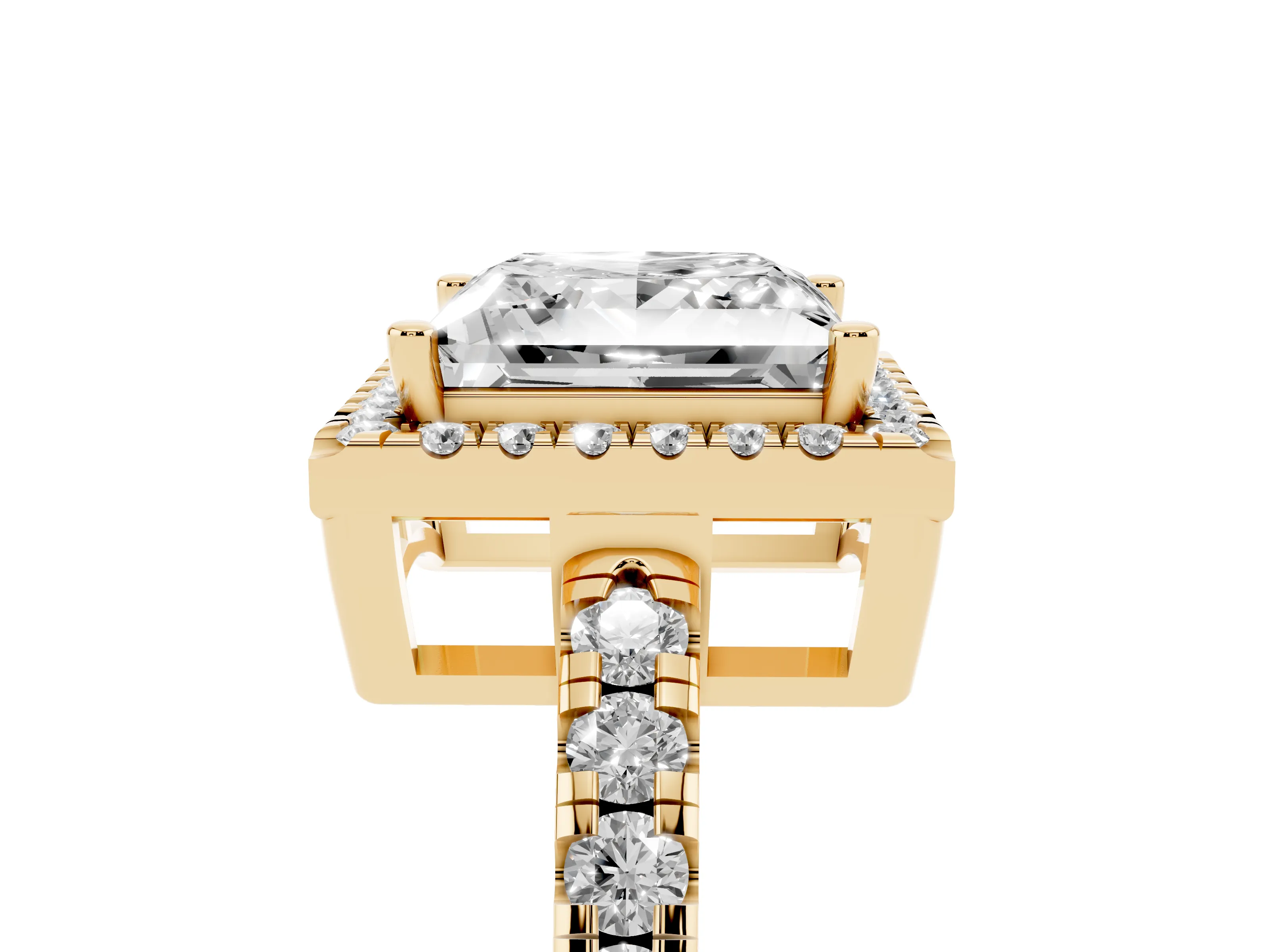 Princess Cut Diamond Halo Ring Set in Yellow gold with Delicate Pavé Band and Prong Setting