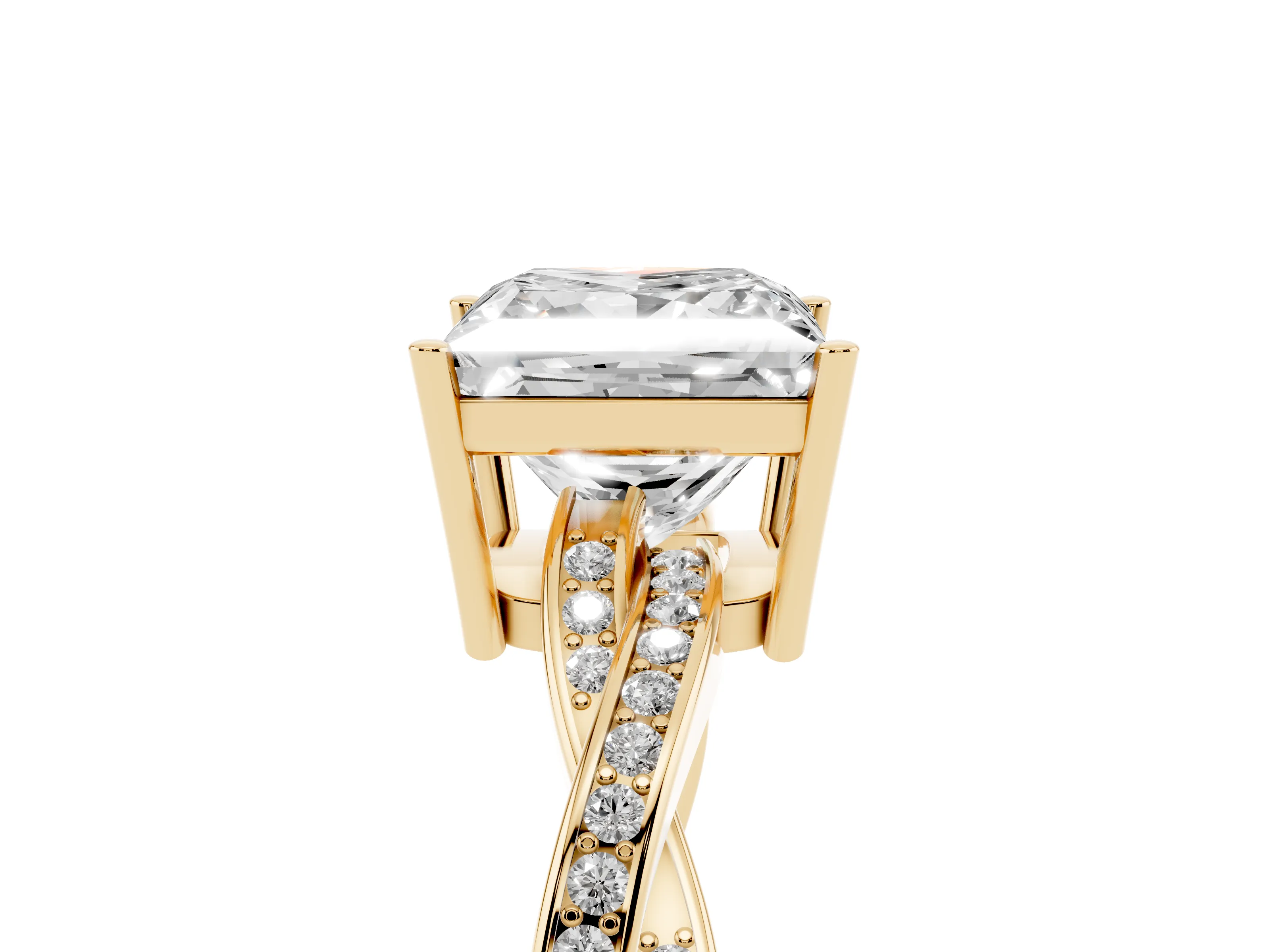 Princess Cut Diamond Solitaire Twisted Pavé Ring Set in Yellow gold with Prong Setting