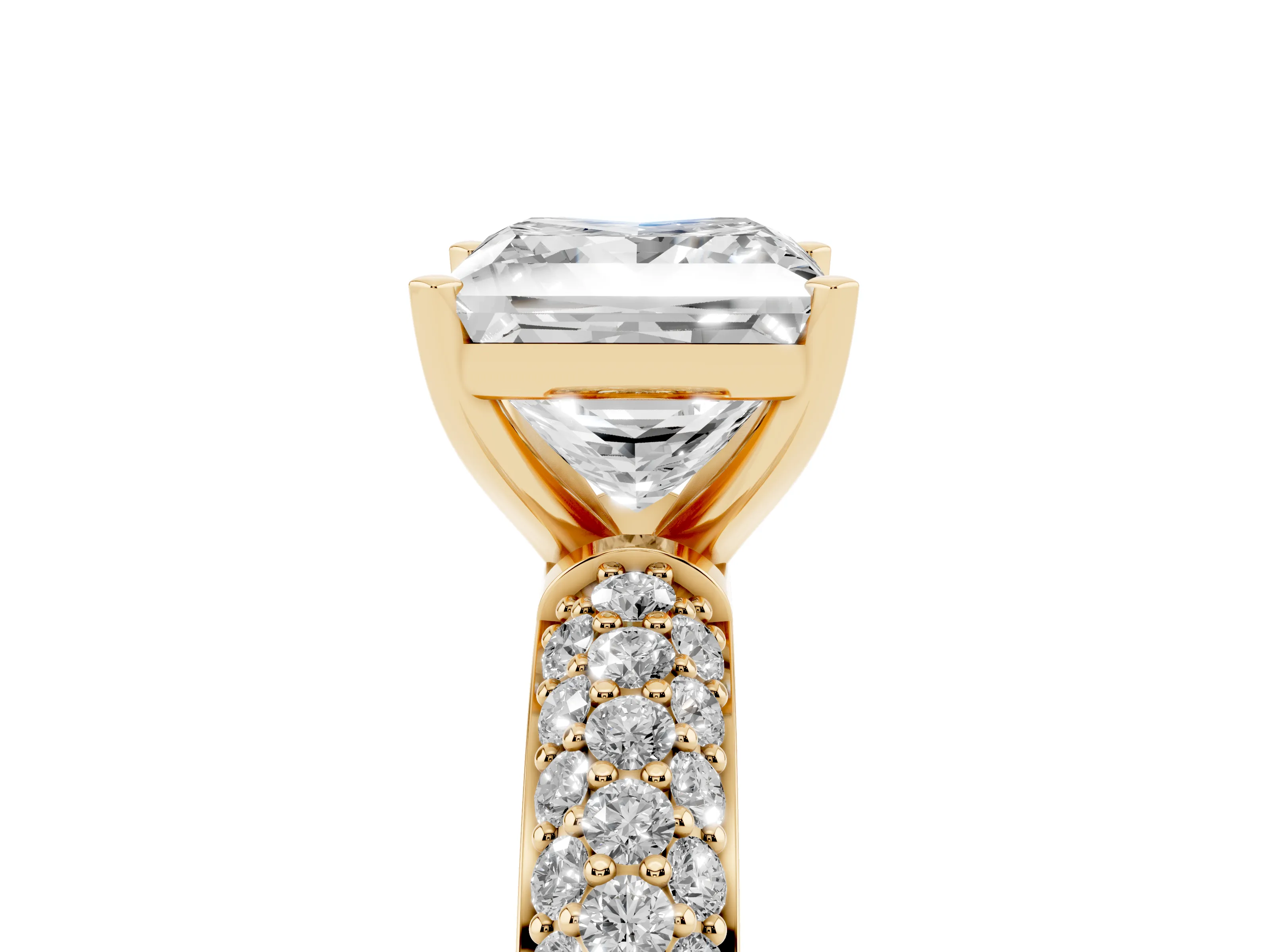 Princess Cut Diamond Solitaire Ring Set in Yellow gold with Prong Setting and Pavé-Set Band