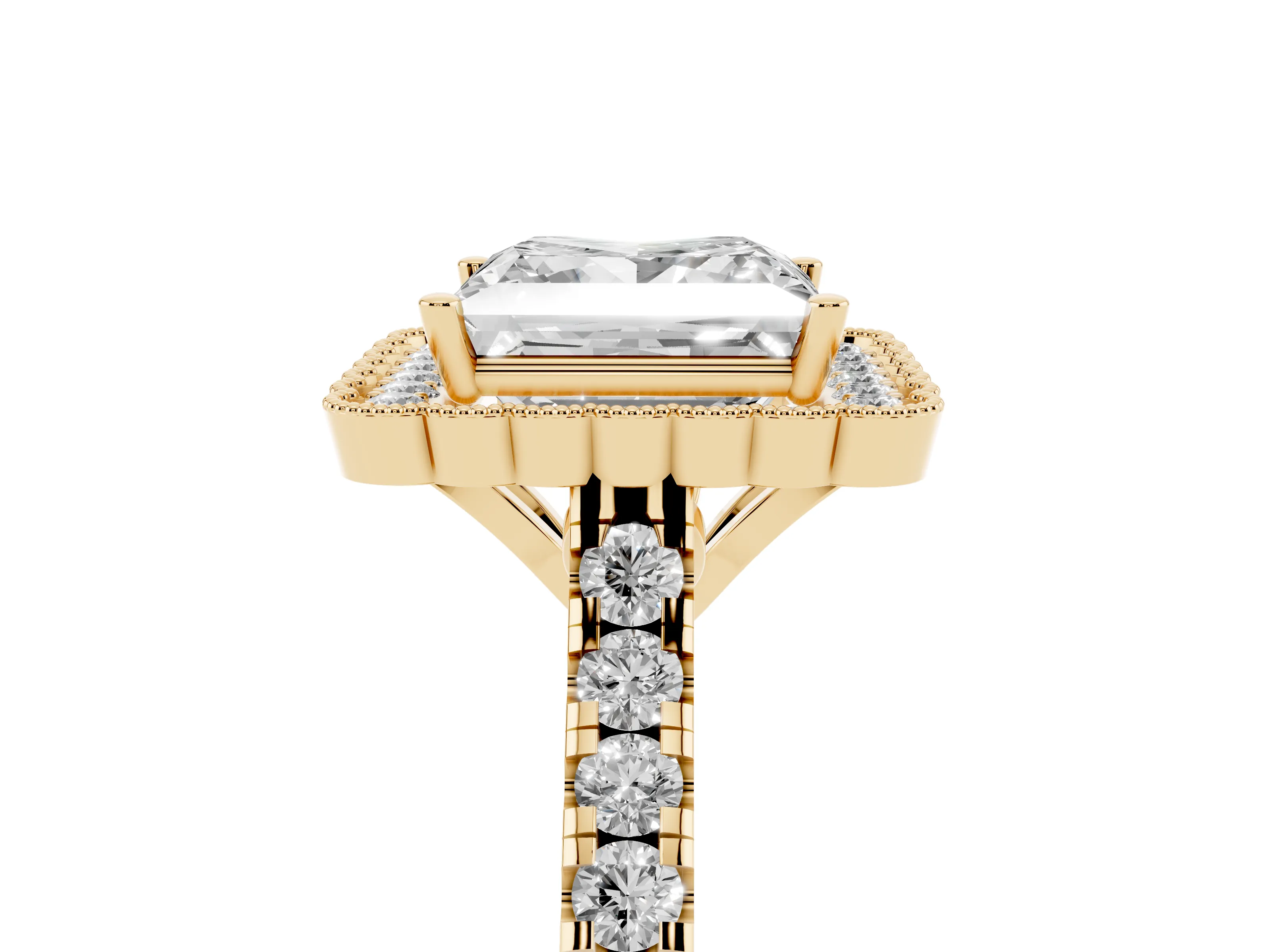 Princess Cut Diamond Milgrain Floral Halo Engagement Ring Set in Yellow gold with Pavé Band