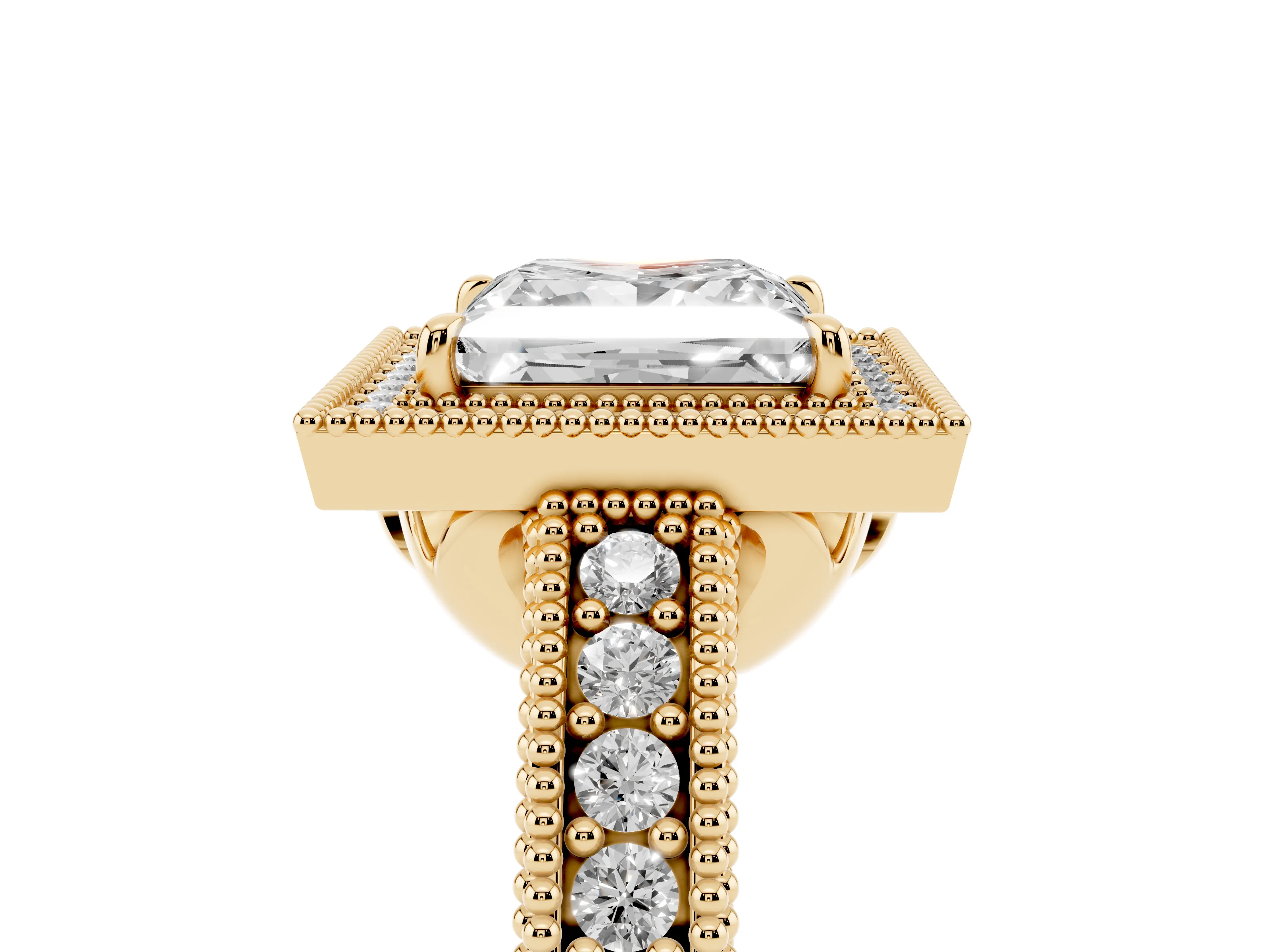 Princess Cut Diamond Halo Ring Set in Yellow gold with Round Accent Halo, Pavé Band and Prong Setting