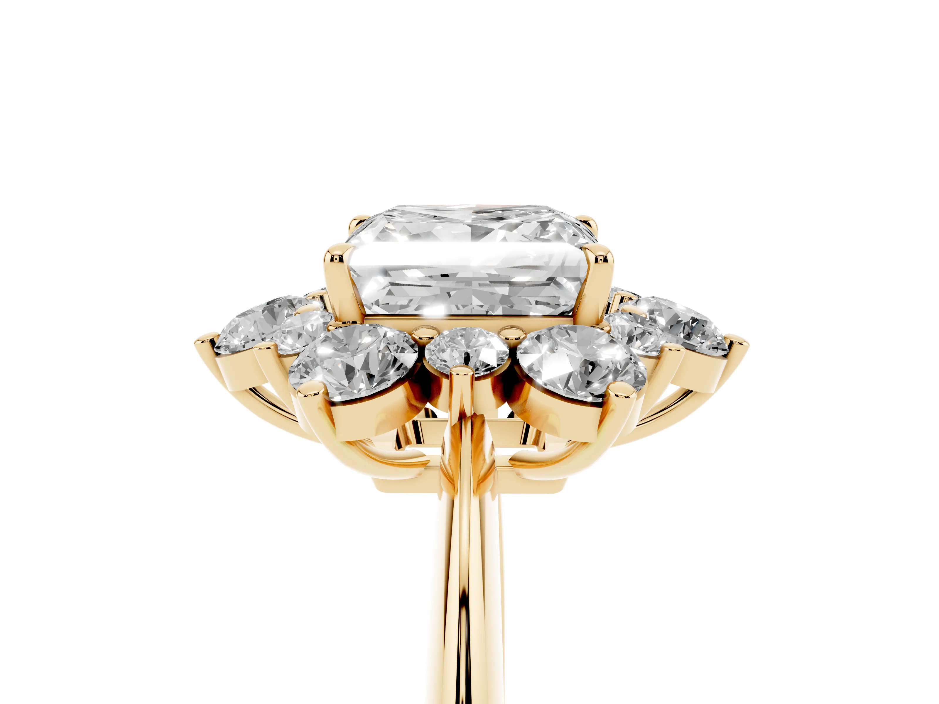 Princess Cut Diamond Cluster Halo Ring Set in Yellow gold with Solitaire Band and Prong Setting
