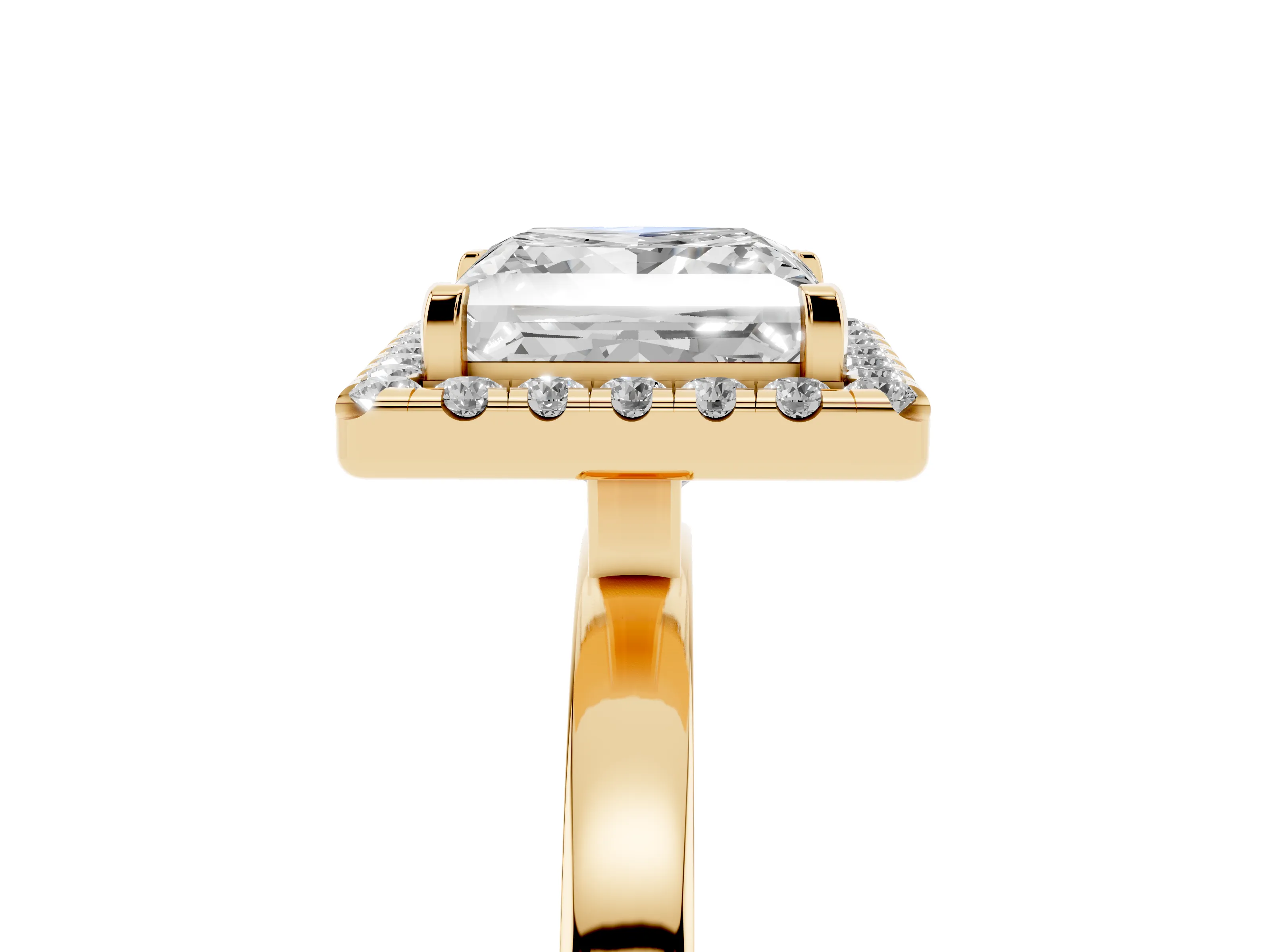 Princess Cut Diamond Halo Solitaire Ring Set in Yellow gold with Pavé Band and Prong Setting
