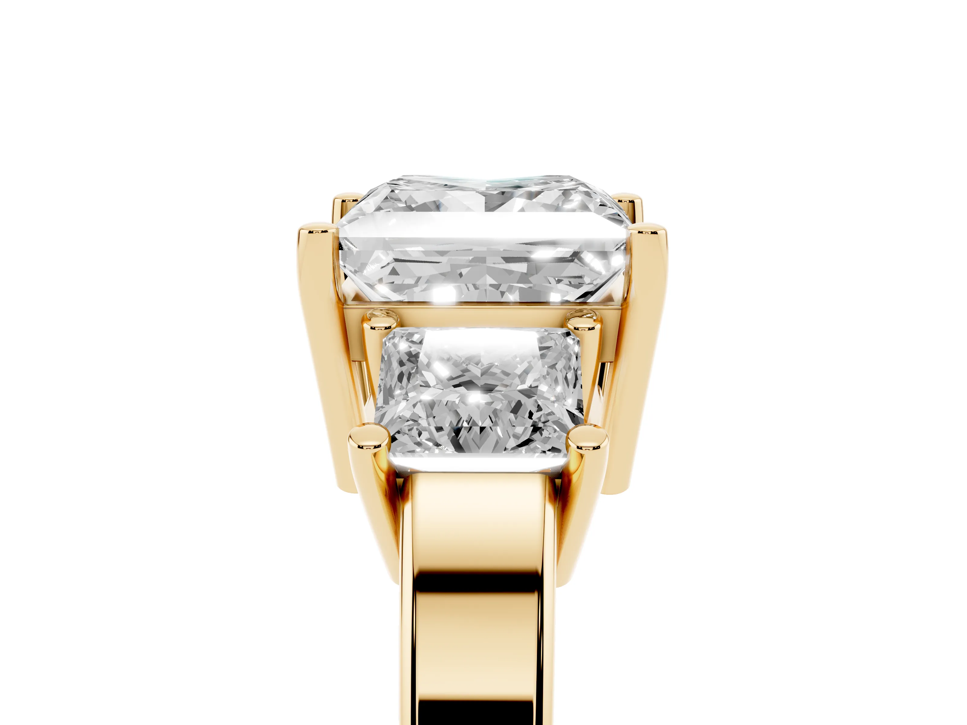 Three-Stone Princess Cut Diamond Solitaire Ring Set in Yellow gold with Prong Setting
