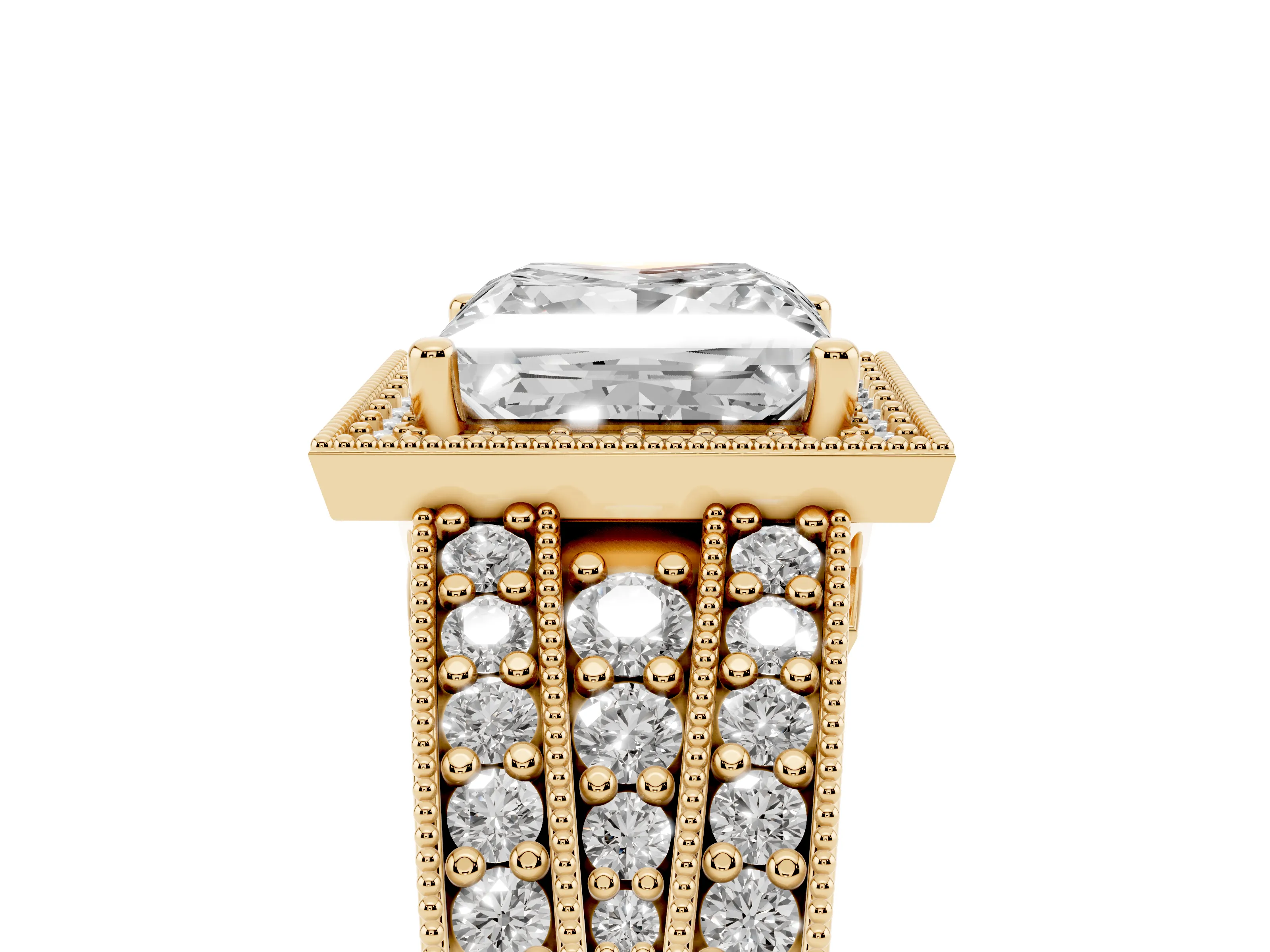 Princess Cut Diamond Halo Ring Set in Yellow gold with Accent Split Shank and Prong Setting
