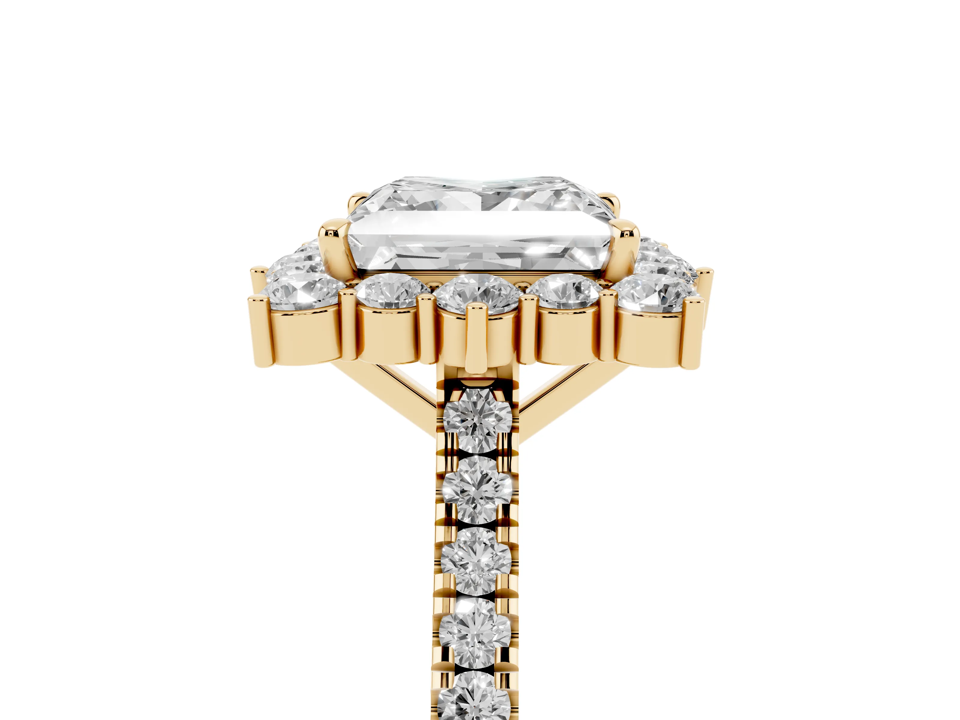 Princess Cut Diamond Halo Ring Set in Yellow gold with Pavé Band and Prong Setting