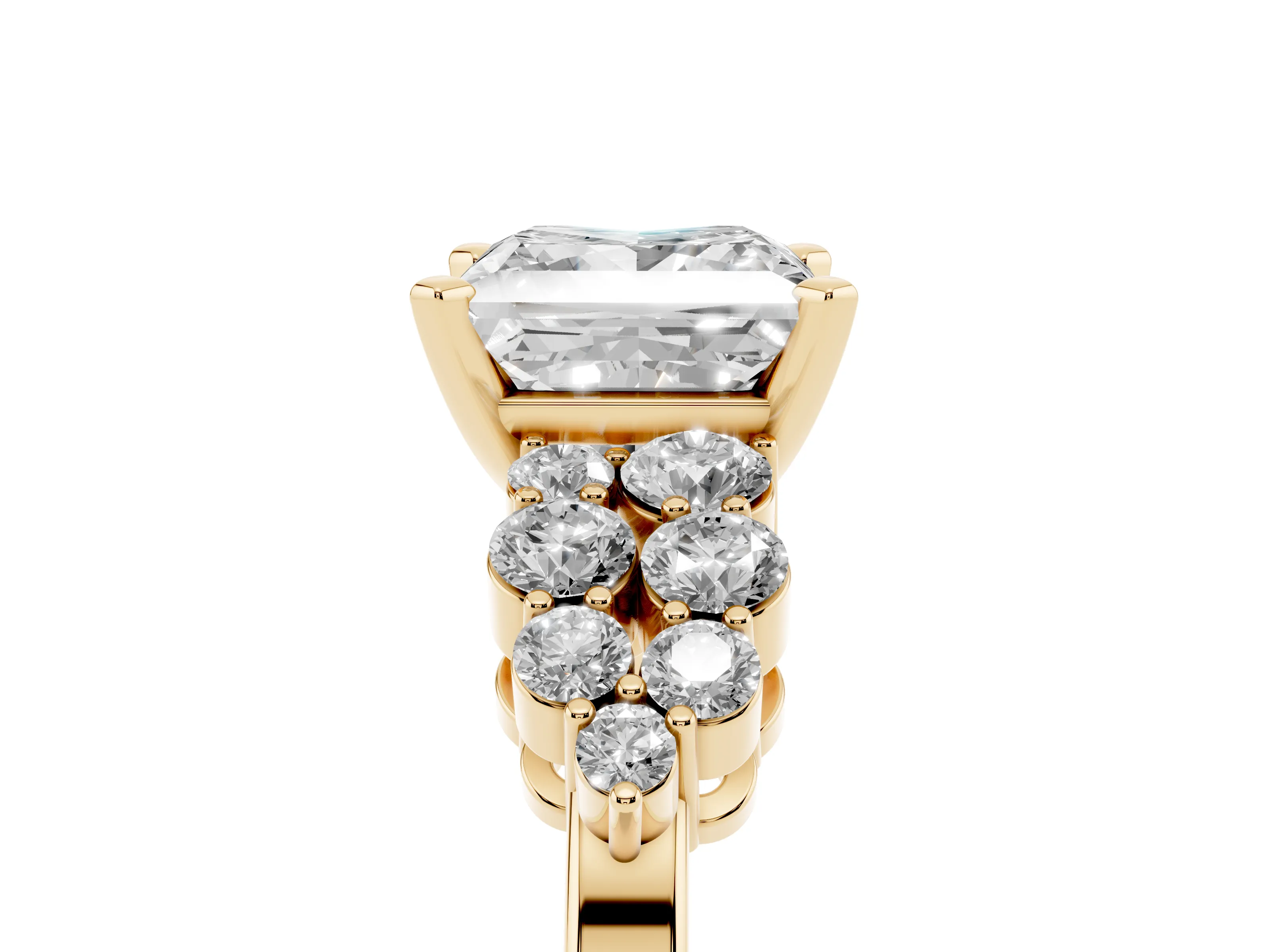 Princess Cut Diamond Cluster Engagement Ring Set in Yellow gold with Pavé Band and Prong Setting