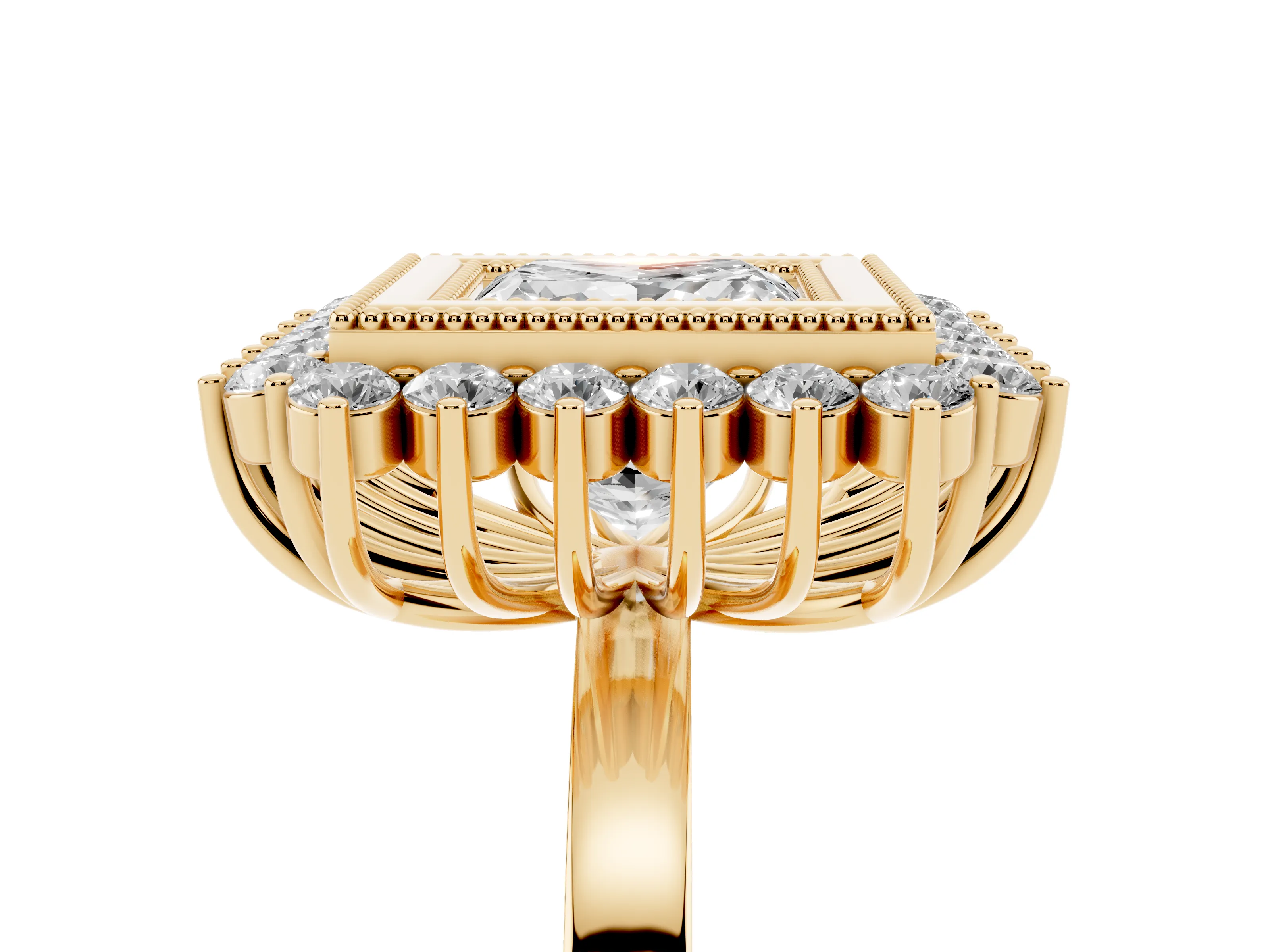 Princess Cut Diamond Halo Ring Set in Yellow gold with Milgrain Edge and Round Prong Setting