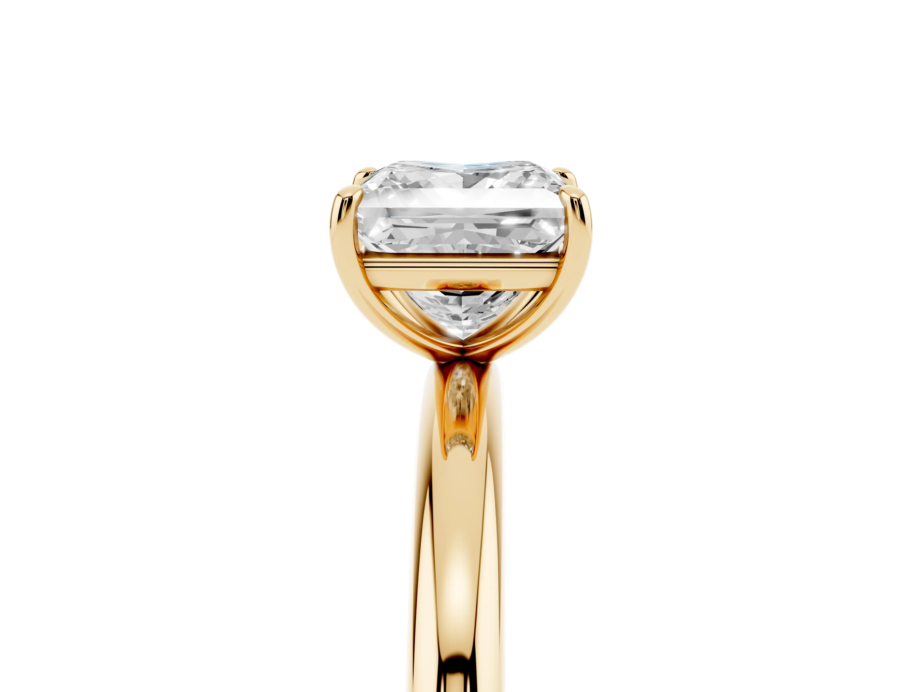 Princess Cut Diamond Solitaire Ring Set in Yellow gold with Prong Setting on a Polished Plain Band
