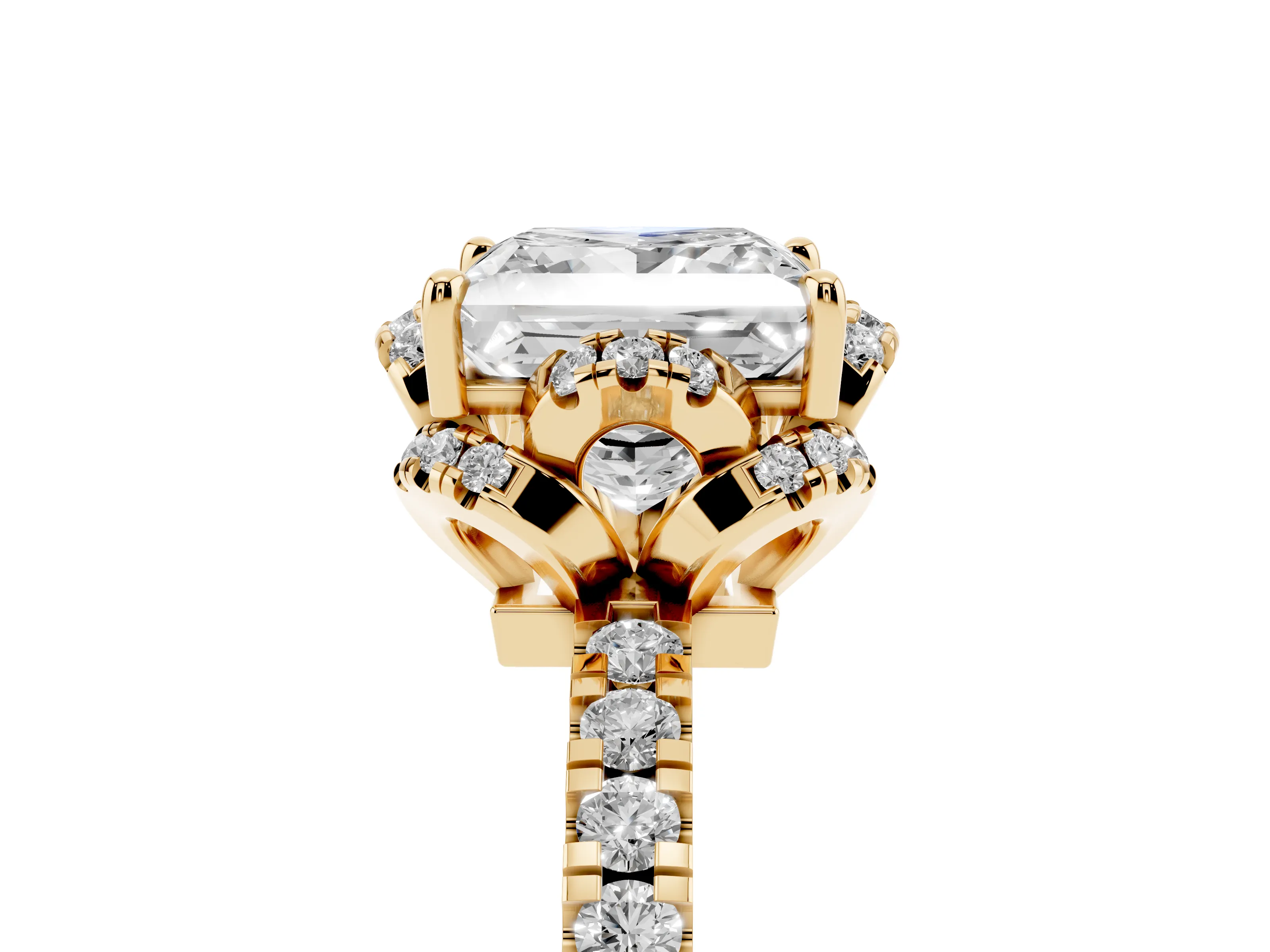 Princess Cut Diamond Halo Pavé Band Ring Set in Yellow gold with Prong-Held Center