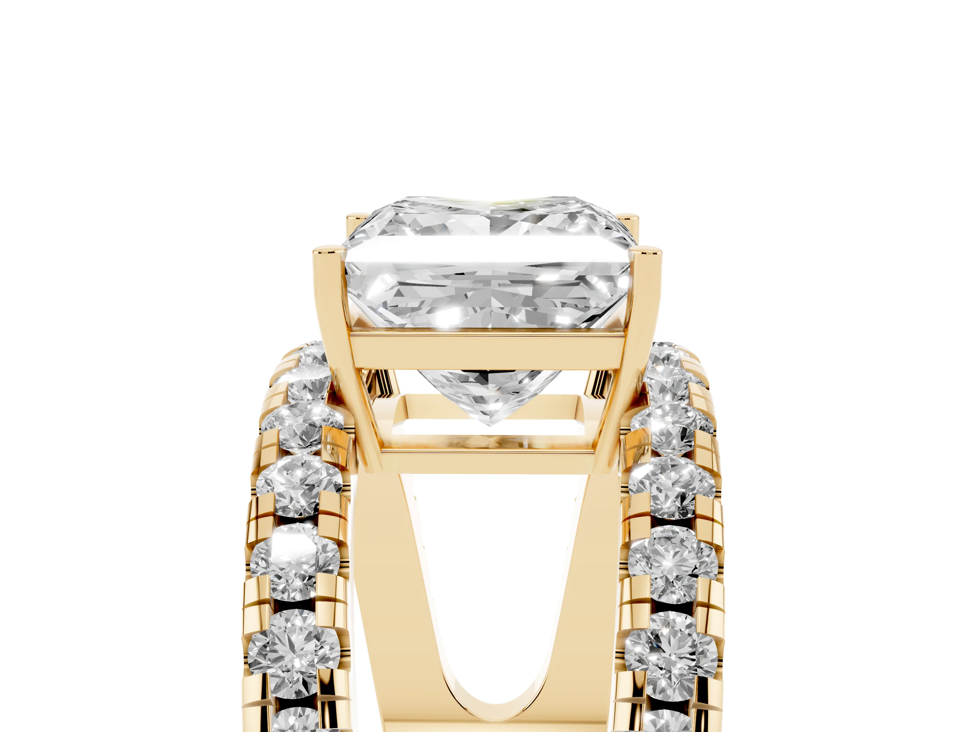Princess Cut Diamond Split Shank Pavé Solitaire Ring Set in Yellow gold with Open Shank Design