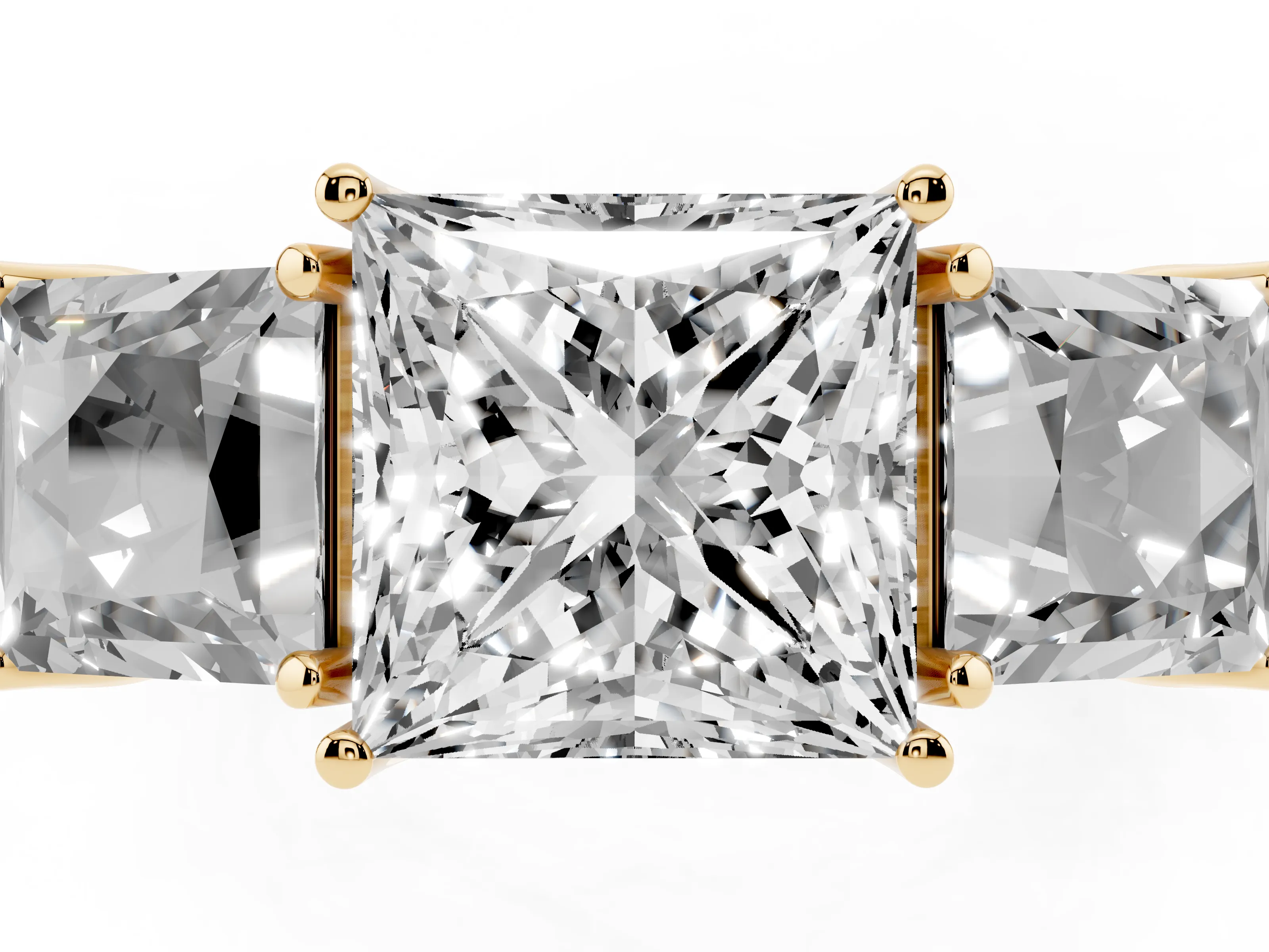 Princess Cut Diamond Three-Stone Engagement Ring Set in Yellow gold with Milgrain Pavé Band