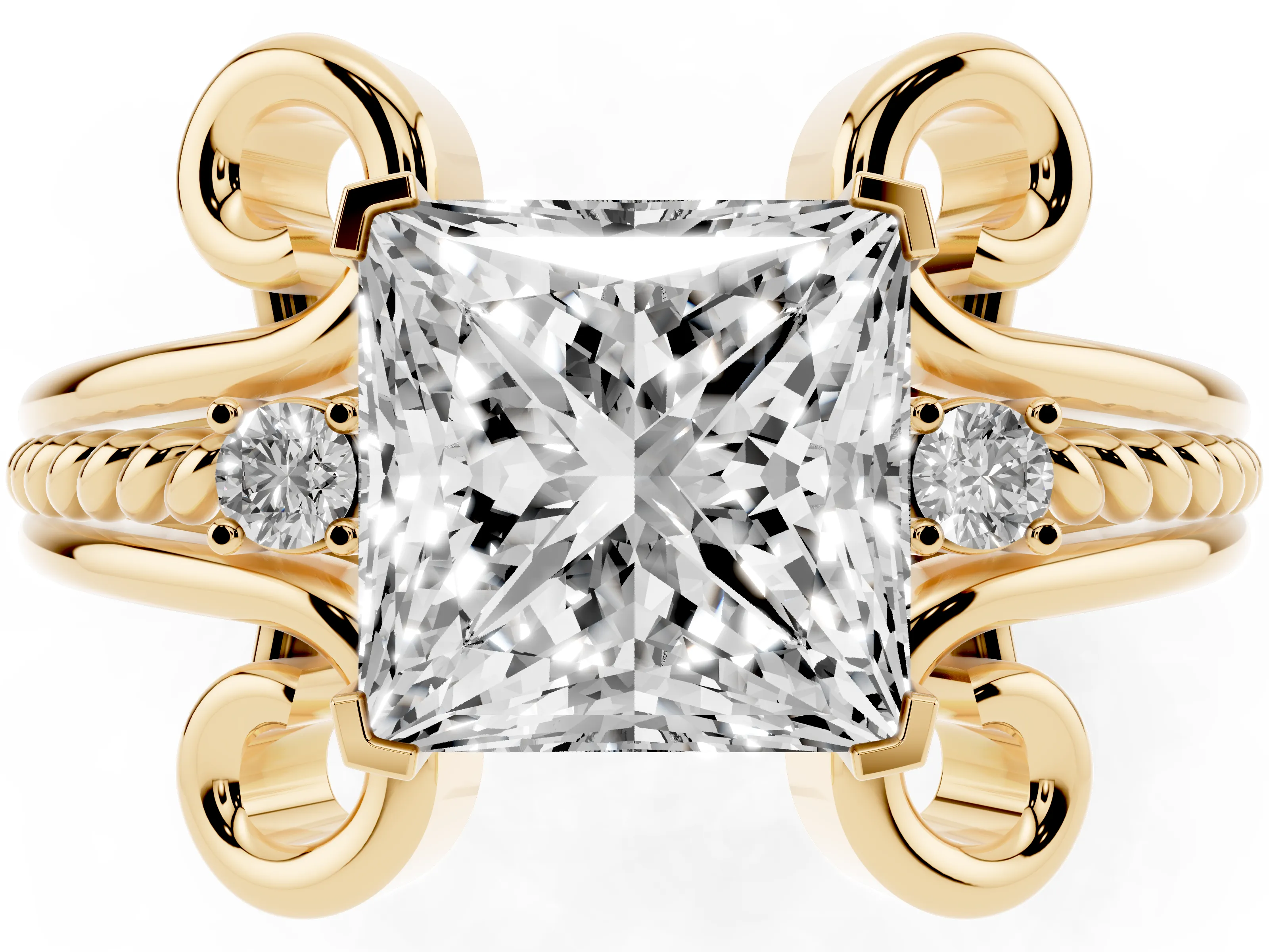 Princess Cut Diamond Twisted Band Solitaire Ring Set in Yellow gold with Scroll Prongs