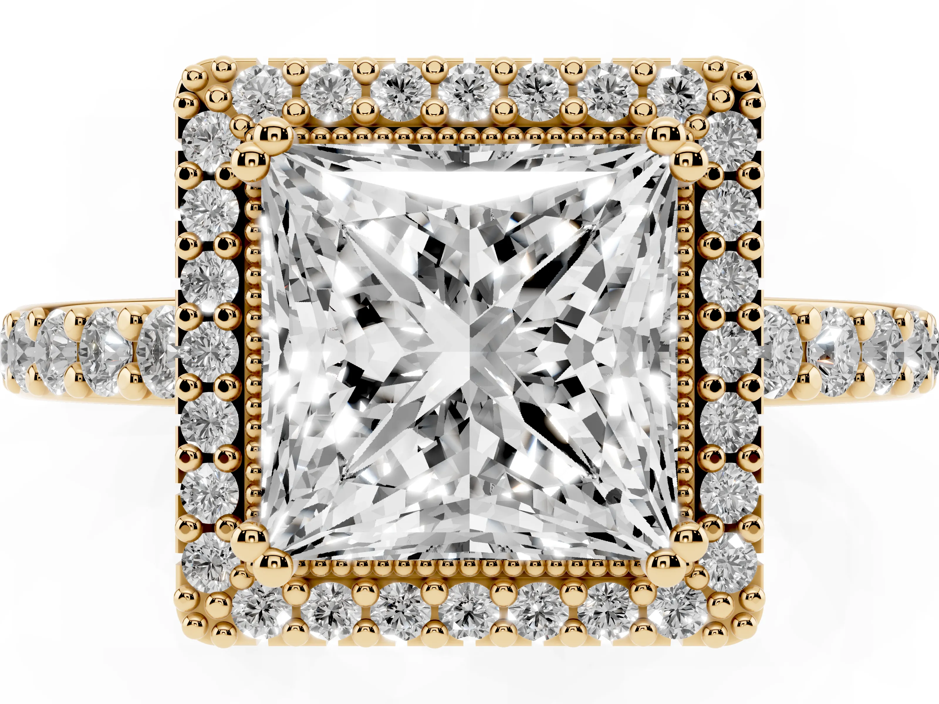 Princess Cut Diamond Halo Engagement Ring Set in Yellow gold with Milgrain Detail and Pavé Band