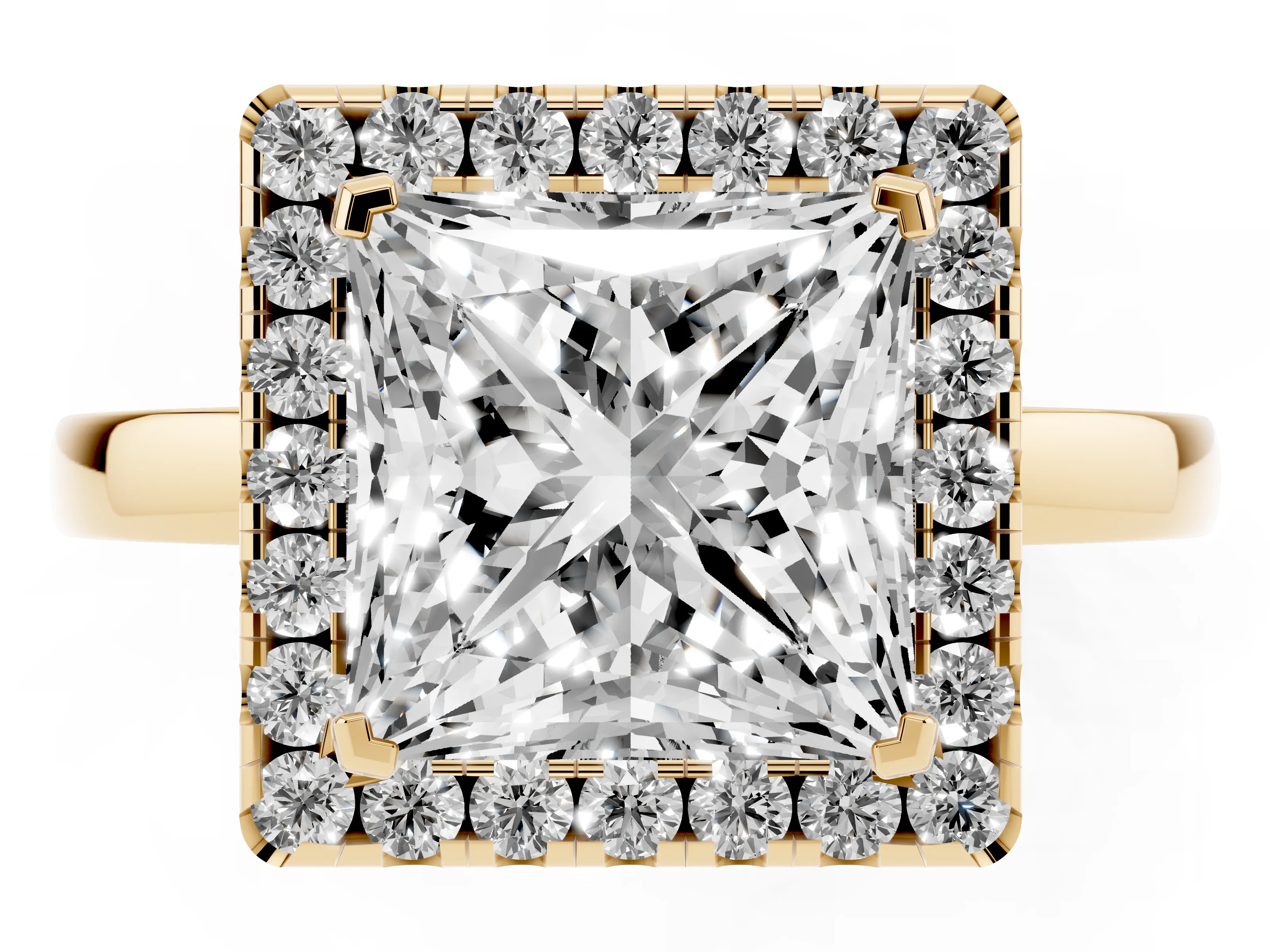 Princess Cut Diamond Halo Solitaire Ring Set in Yellow gold with Pavé Band and Prong Setting