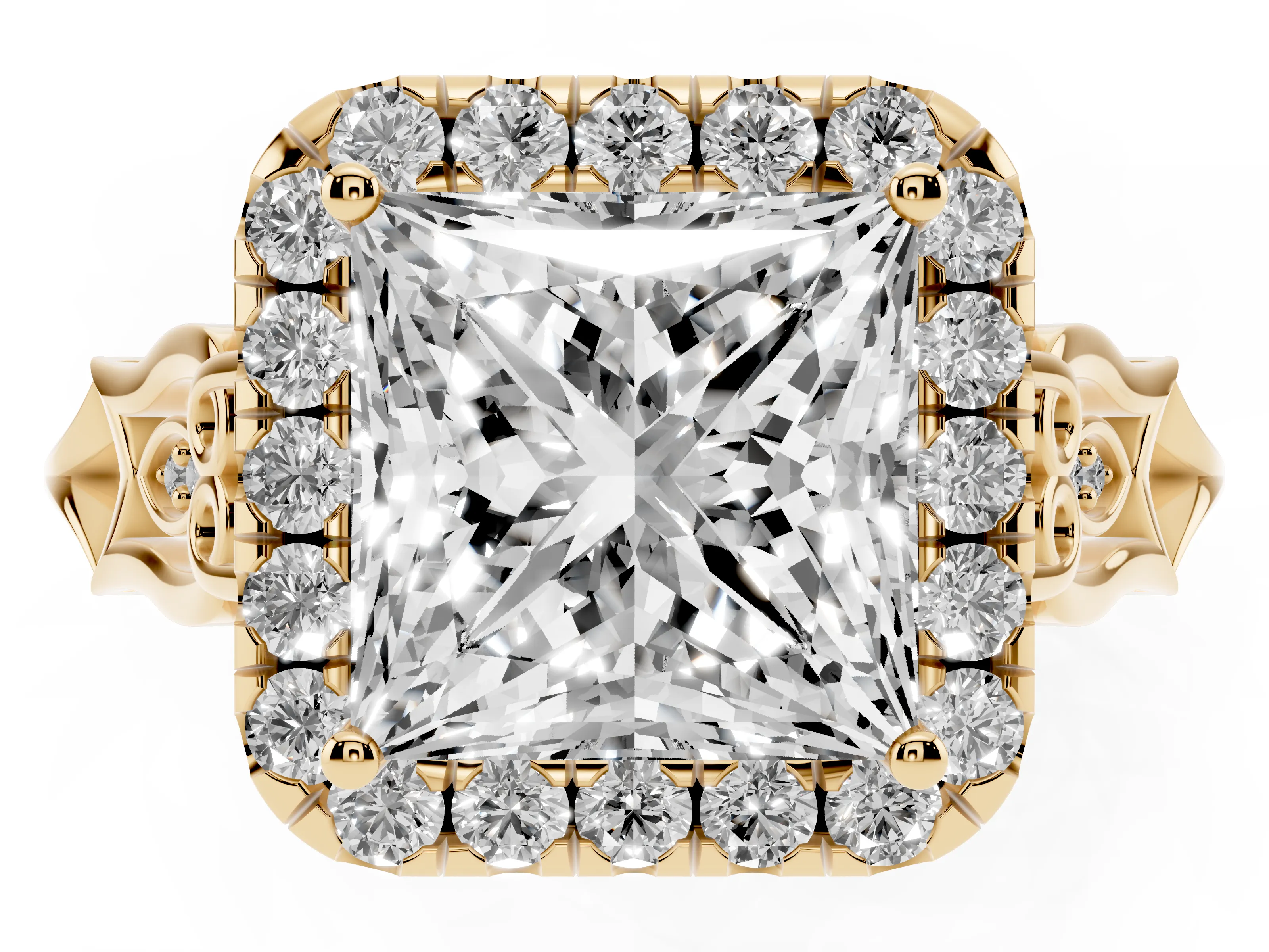 Princess Cut Diamond Halo Engagement Ring Set in Yellow gold with Filigree Band and Prong-Set Center