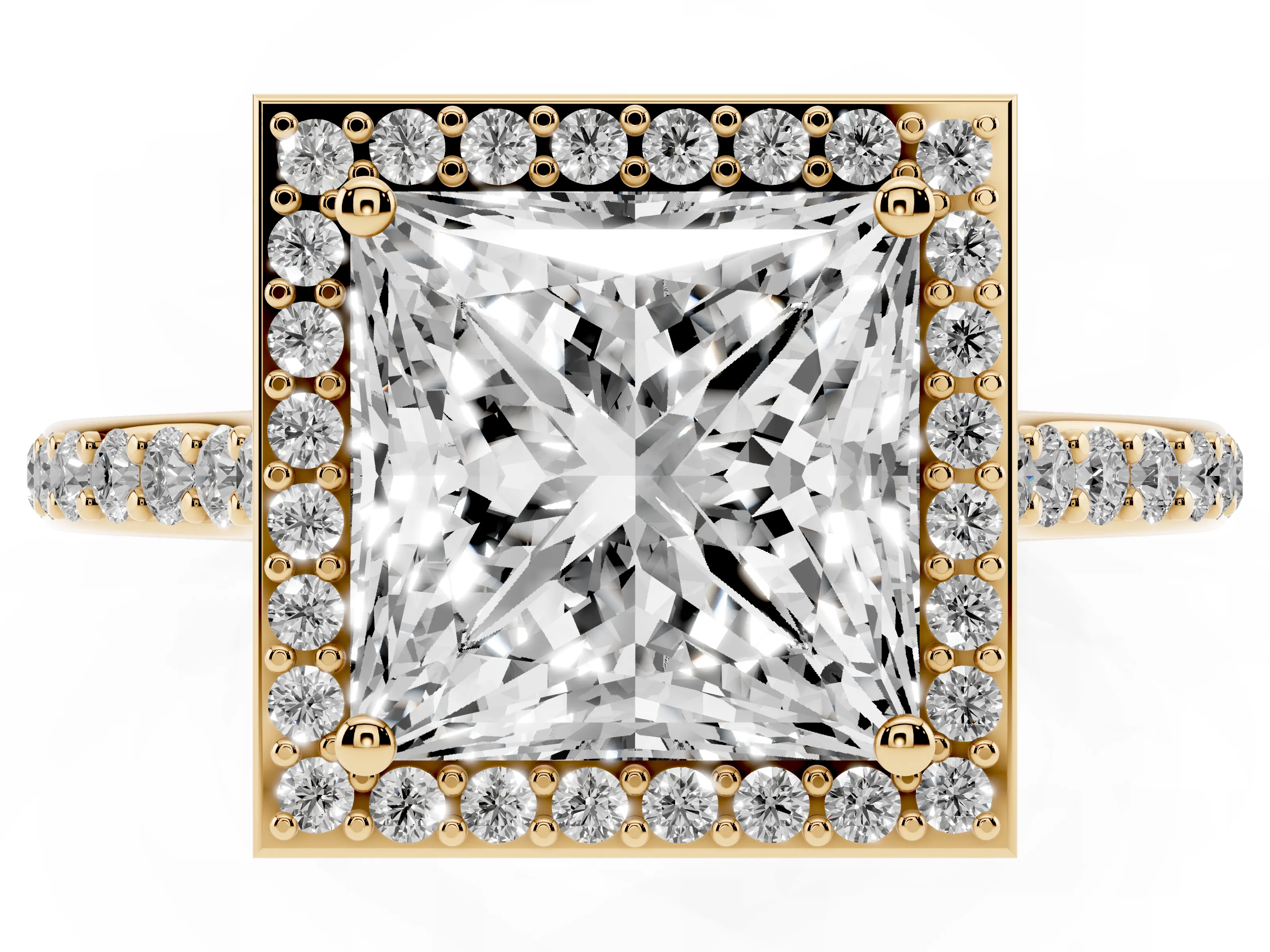 Princess Cut Diamond Halo Engagement Ring Set in Yellow gold with Round Pavé Shoulders and Heart Gallery
