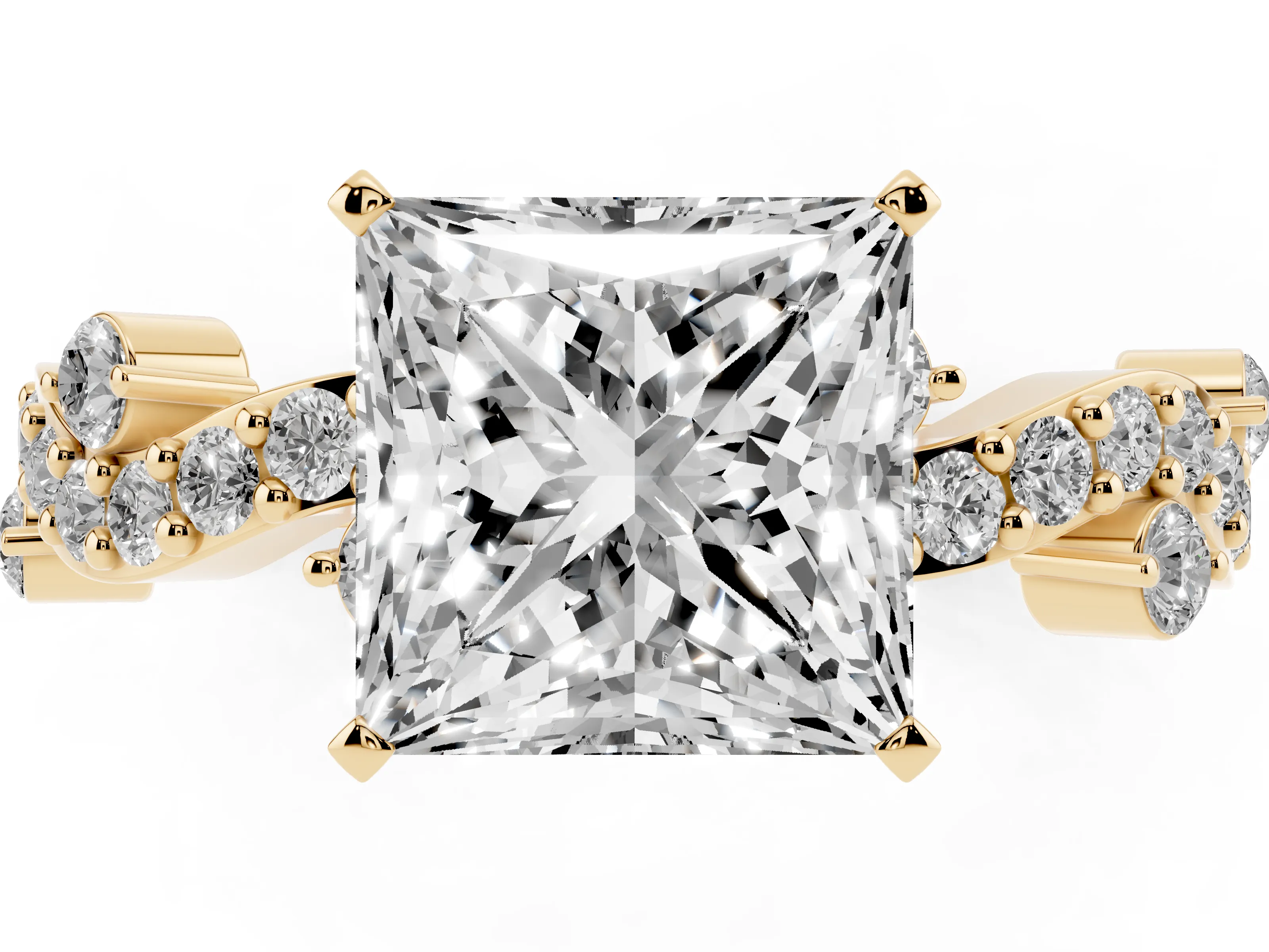 Princess Cut Diamond Solitaire Twisted Band Set in Yellow gold with Pavé Setting